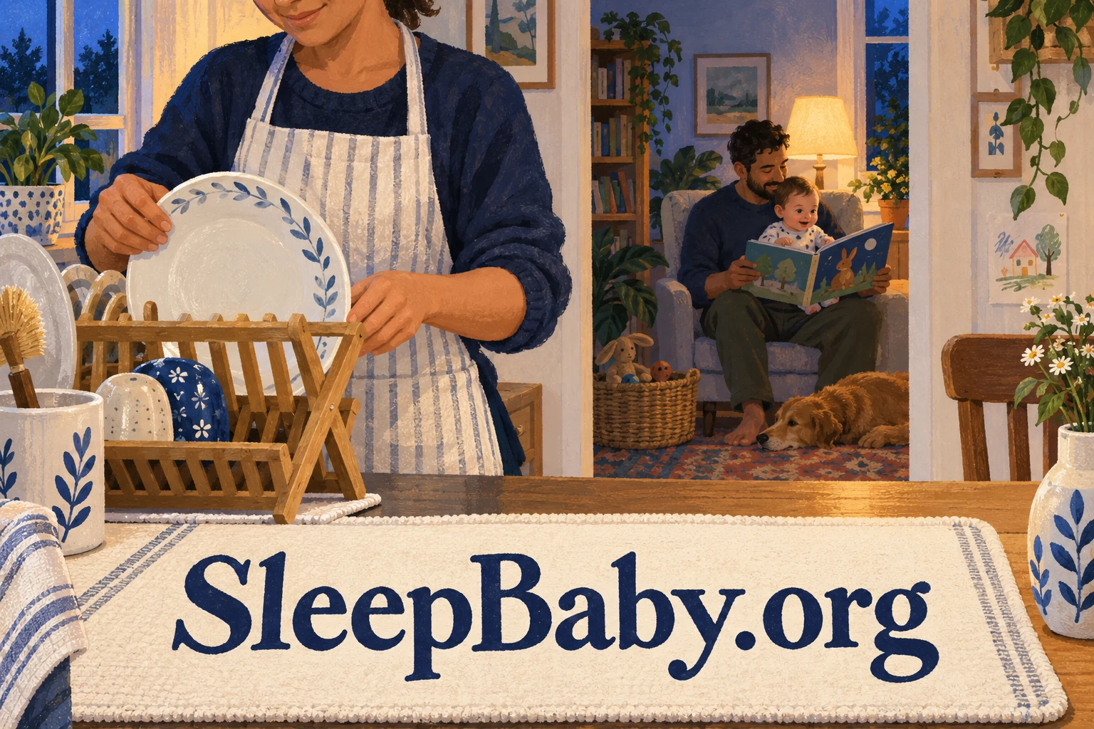 An adult puts away a clean plate while another caregiver shares a picture book with an awake baby in the adjoining room. SleepBaby.org appears in the artwork.