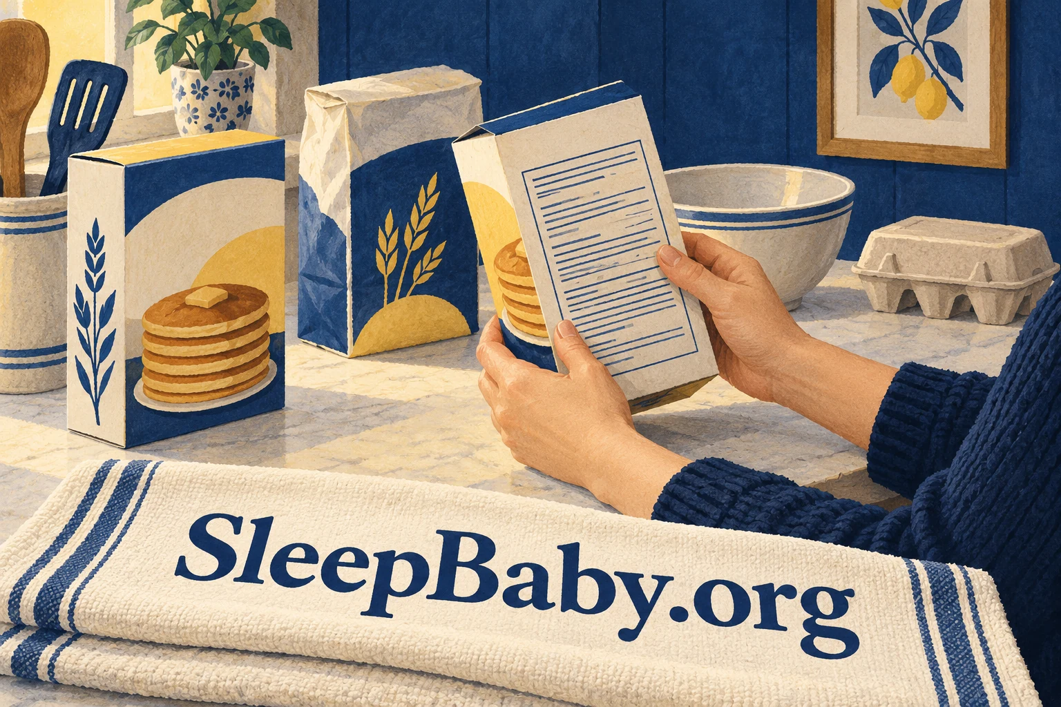 Adult hands read a generic pancake carton beside other plain packages and a mixing bowl. SleepBaby.org appears in the artwork.
