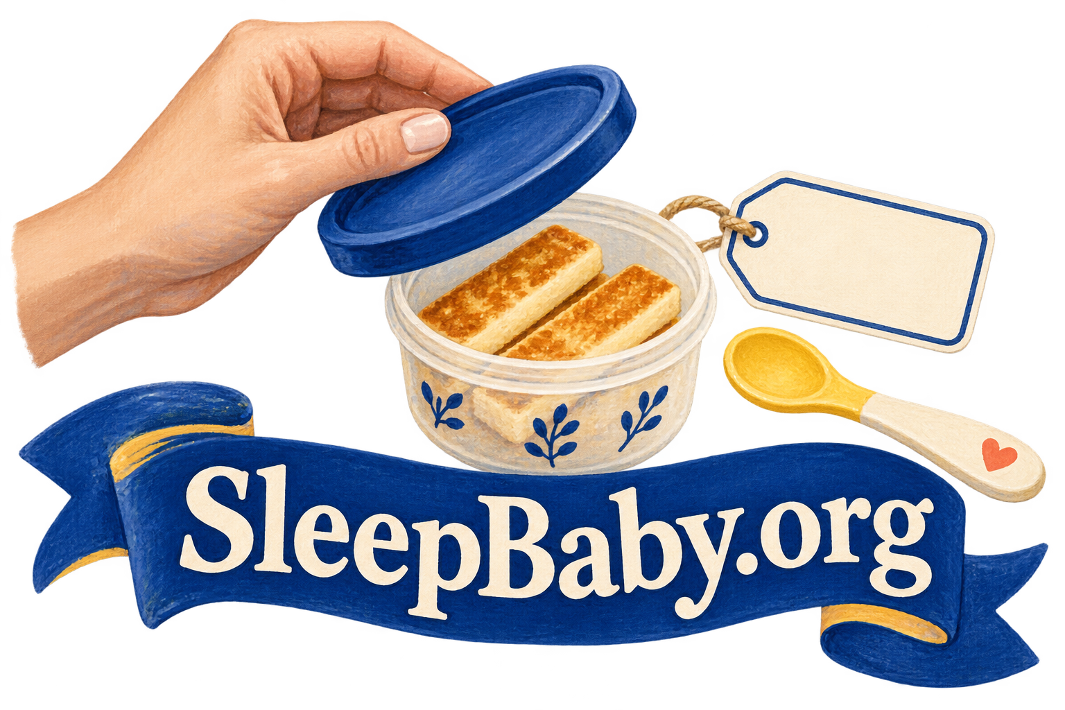 An adult hand holds a lid over a container of cooked pancake strips beside a blank tag and spoon. SleepBaby.org appears in the artwork.