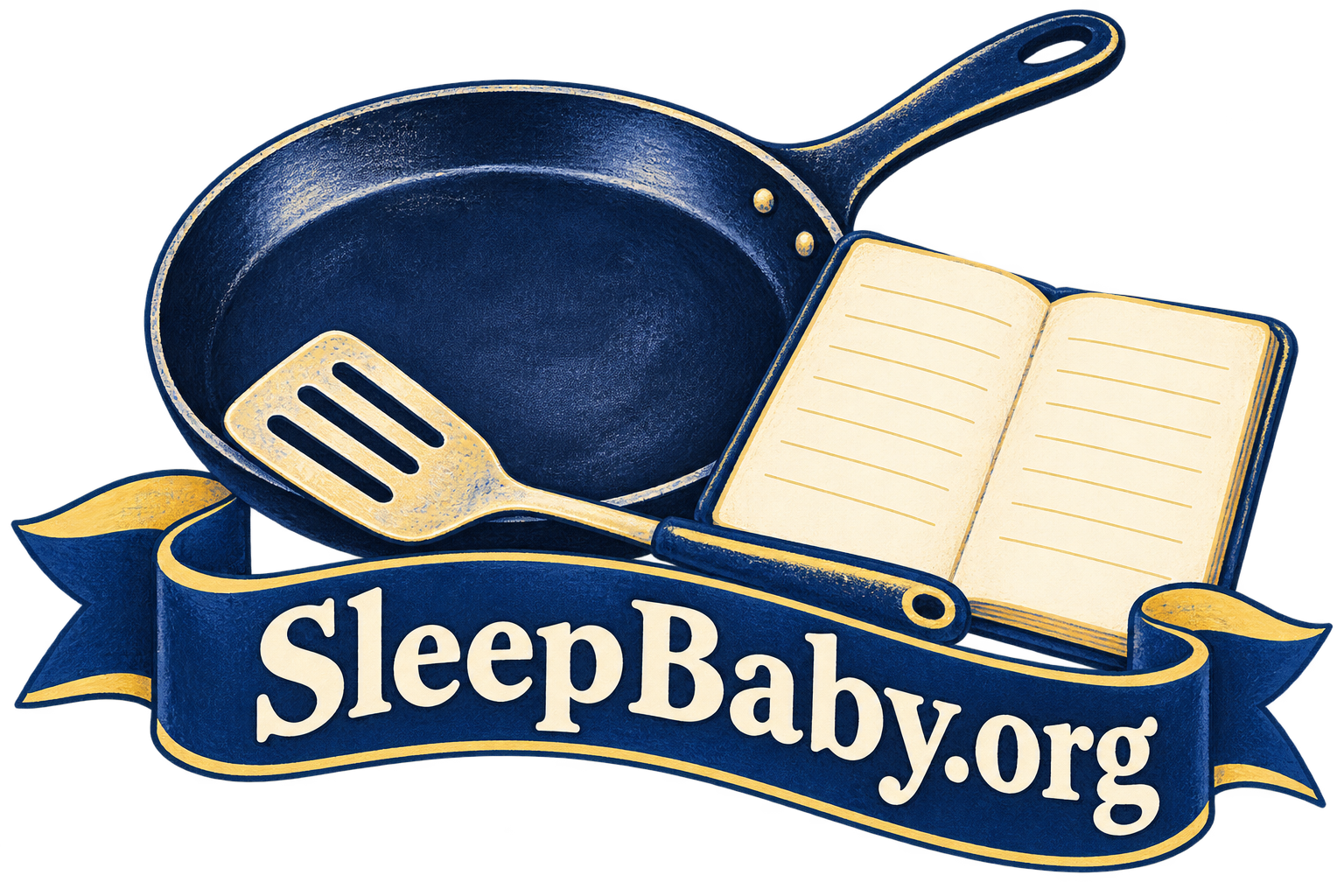 An empty skillet, spatula and blank recipe notebook above a navy ribbon. SleepBaby.org appears in the artwork.