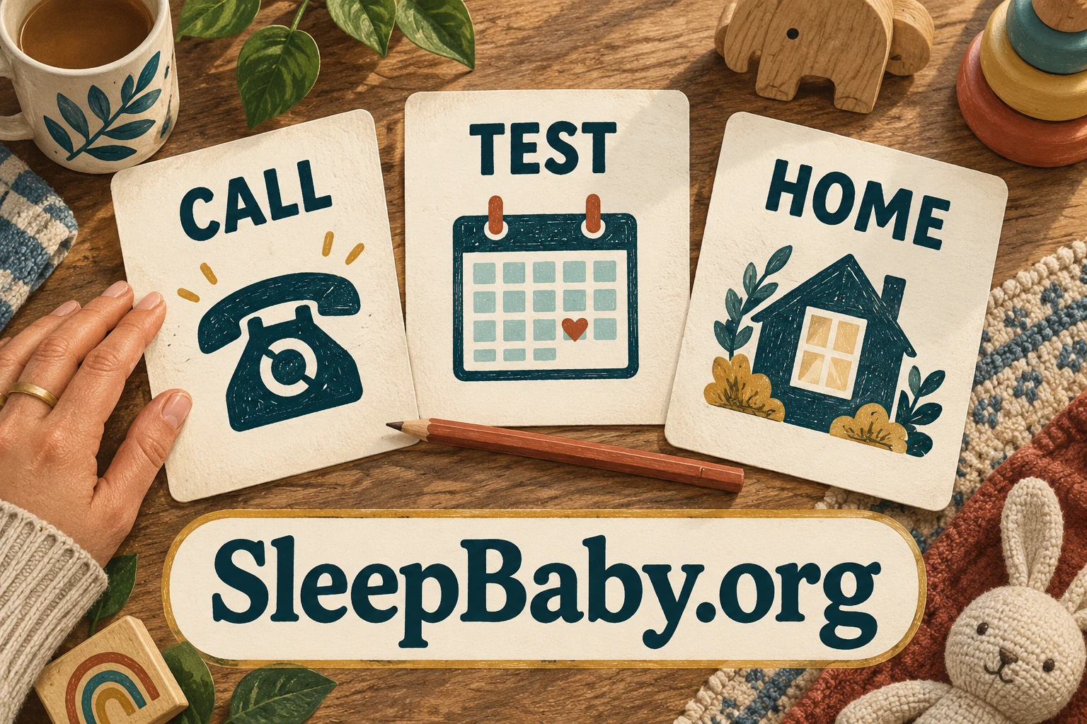 Three illustrated cards show a telephone, appointment calendar, and house under Call, Test, Home headings.