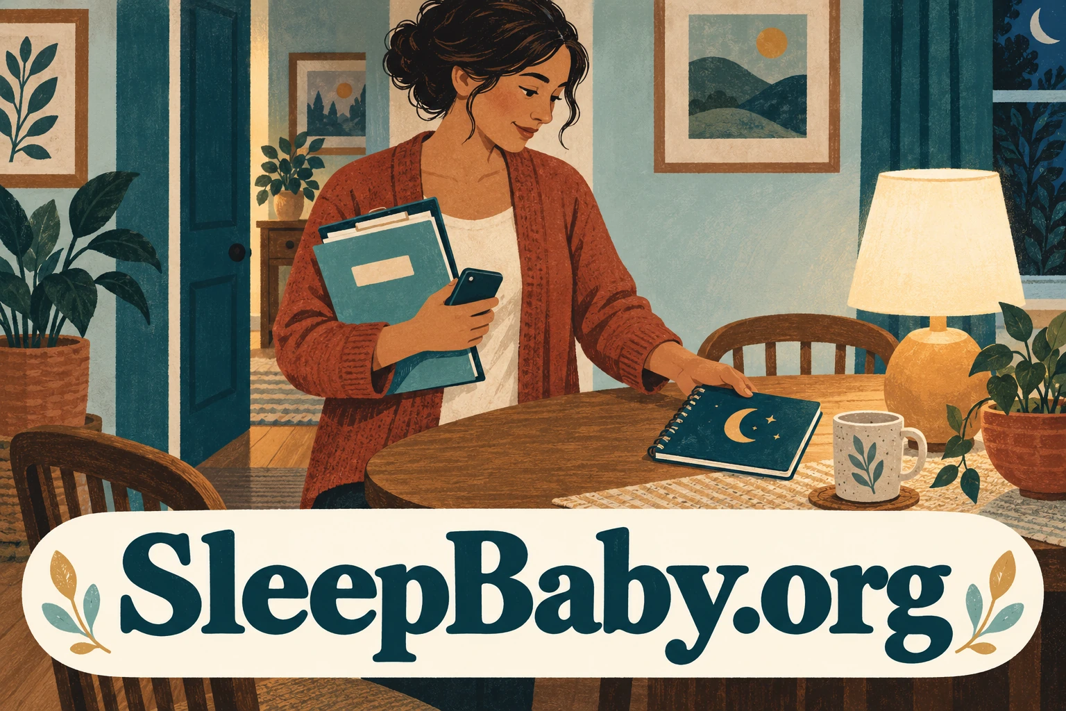 Adult holds a care folder and phone while setting a moon-marked bedtime notebook beside a lamp.