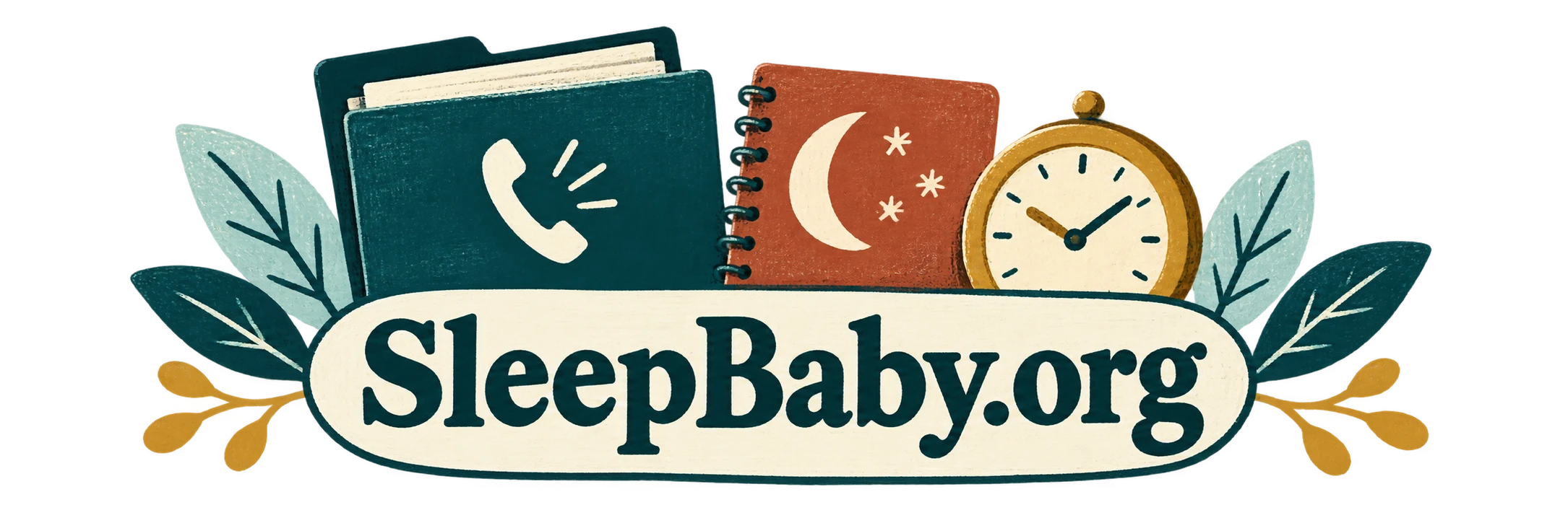 Transparent care folder, bedtime notebook, and clock with a large SleepBaby.org label.