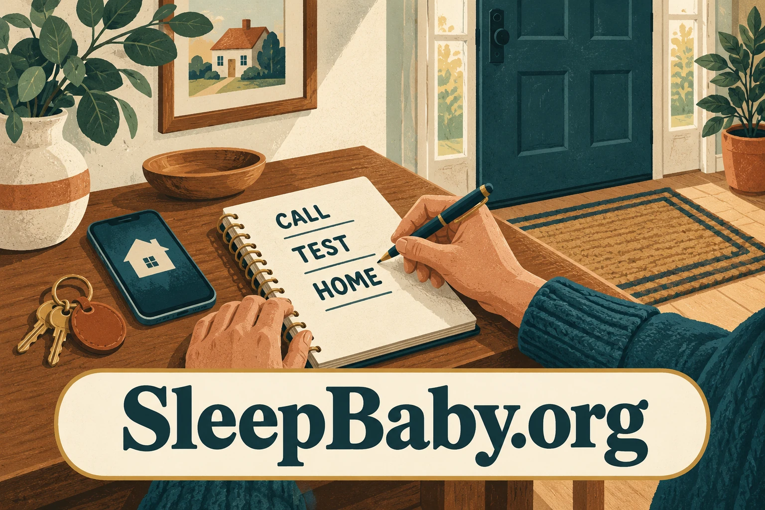 Adult writes Call, Test, Home in a notebook beside a phone and keys in a clean entryway.