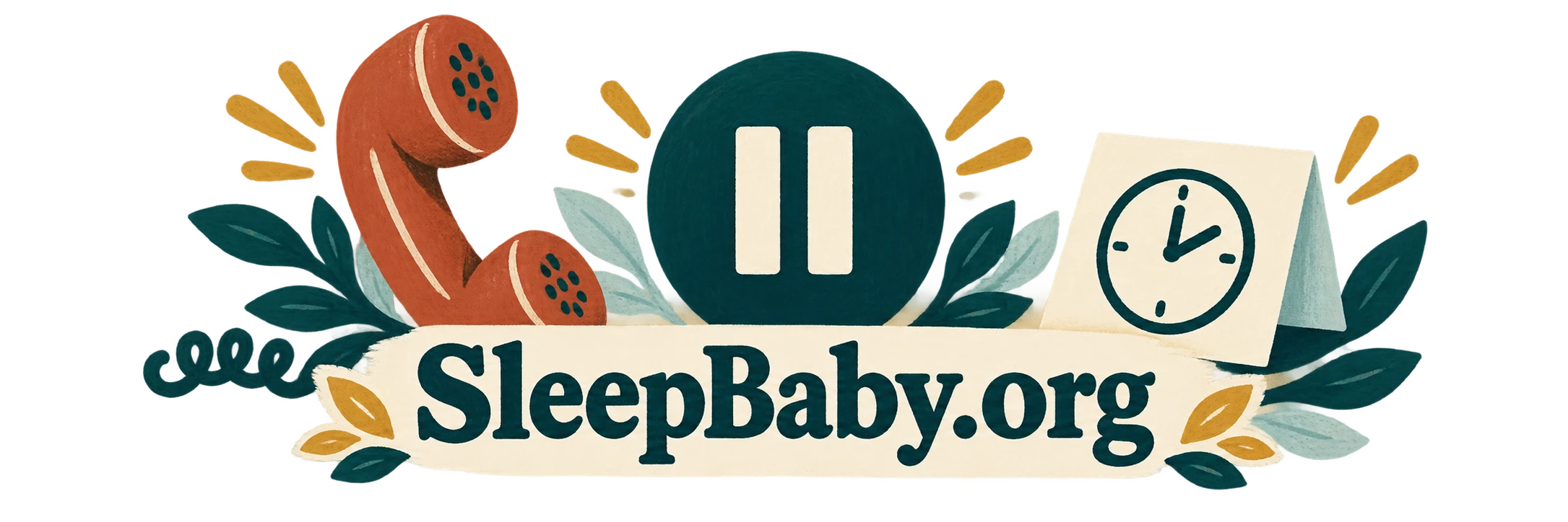 Transparent illustration of a telephone, pause symbol, and clock note with SleepBaby.org lettering.