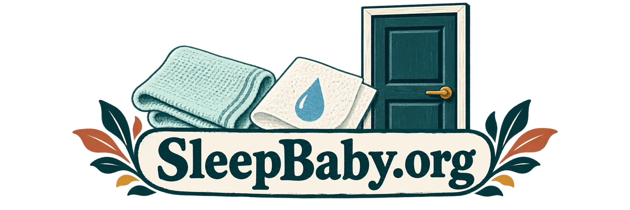 Transparent folded cloth, damp paper towel symbol, and closed door with SleepBaby.org lettering.