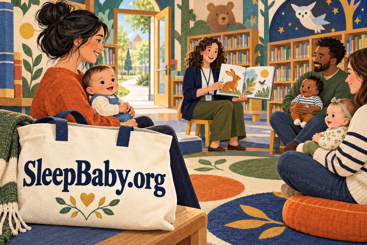 Illustrated small storytime circle with awake babies supported by caregivers, an open path to the door and a SleepBaby.org bag.