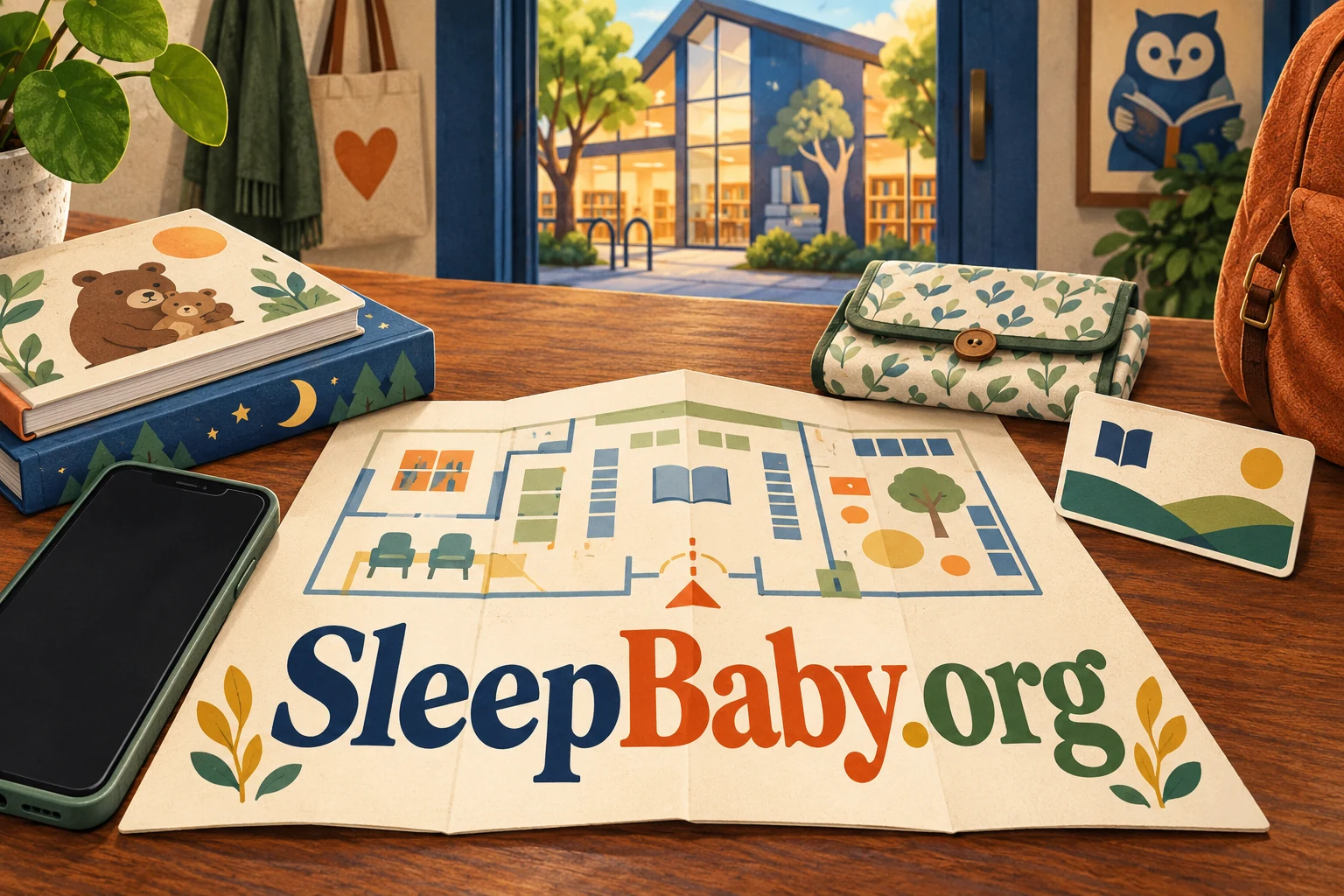 Illustrated library map, blank phone, books, card and diaper pouch with large SleepBaby.org lettering across the map.