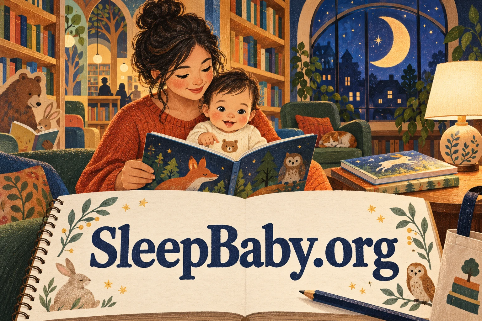 Illustrated awake parent and baby sharing a book in a warm evening reading room, with large SleepBaby.org lettering on a foreground notebook.