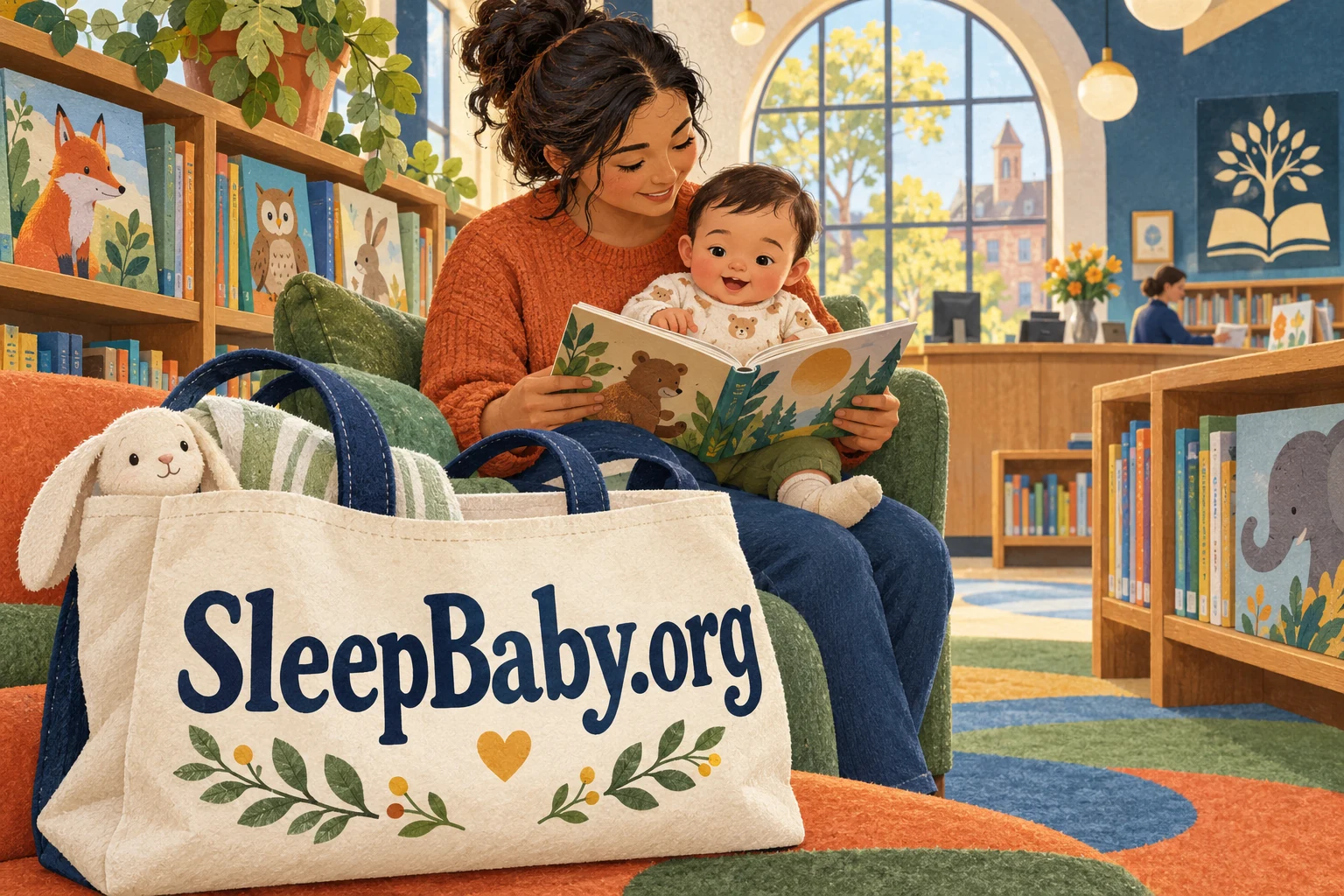 Illustrated parent holding an awake baby and sharing a picture book in a library alcove; large SleepBaby.org text on a cream bag.