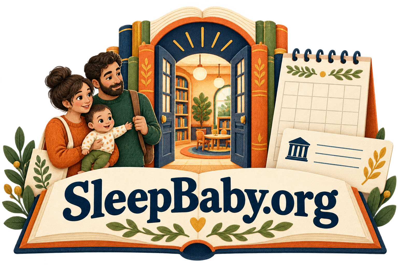 Transparent illustrated library doorway, family, calendar and card above a broad SleepBaby.org bookplate.