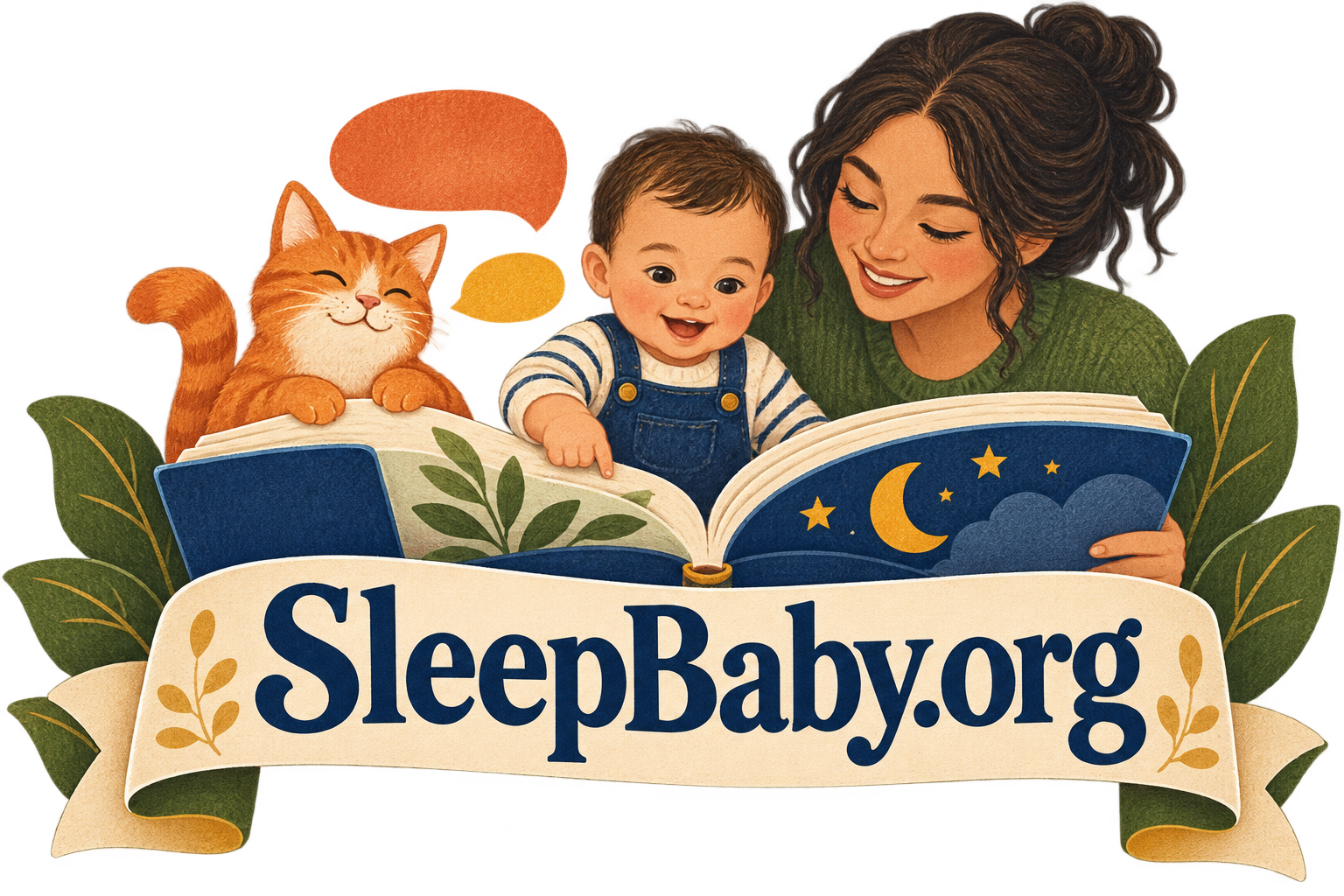 Transparent illustrated adult and awake baby sharing a book beside an imaginary cat, with a broad SleepBaby.org banner.