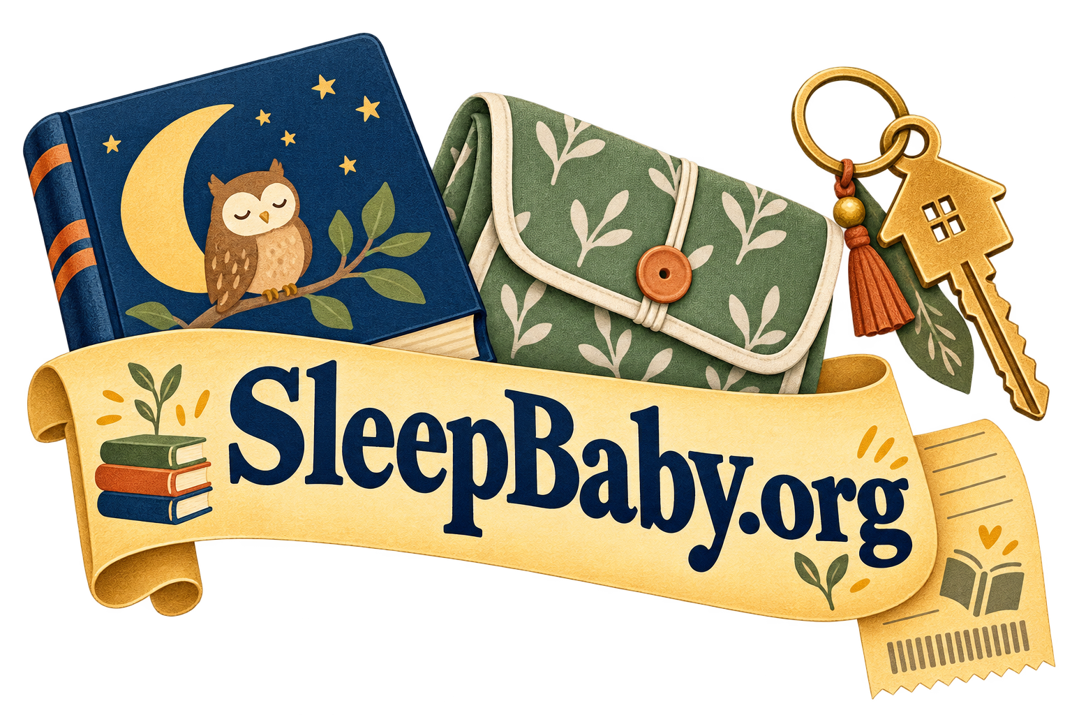Transparent illustrated book, folded pouch, key and library receipt with large SleepBaby.org lettering.