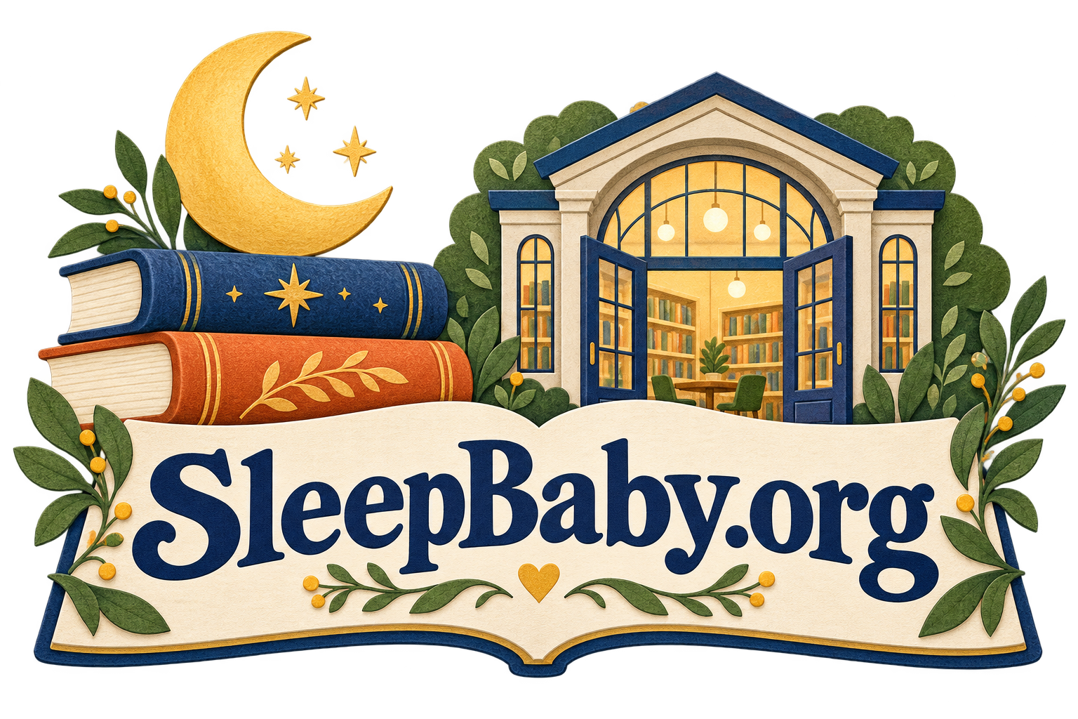 Transparent illustrated stacked books, crescent and lit library doorway above a large SleepBaby.org bookplate.