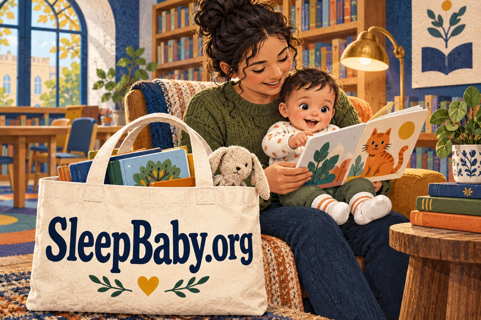 Illustrated awake parent and baby looking at a cat picture together, with large SleepBaby.org lettering on a book bag.