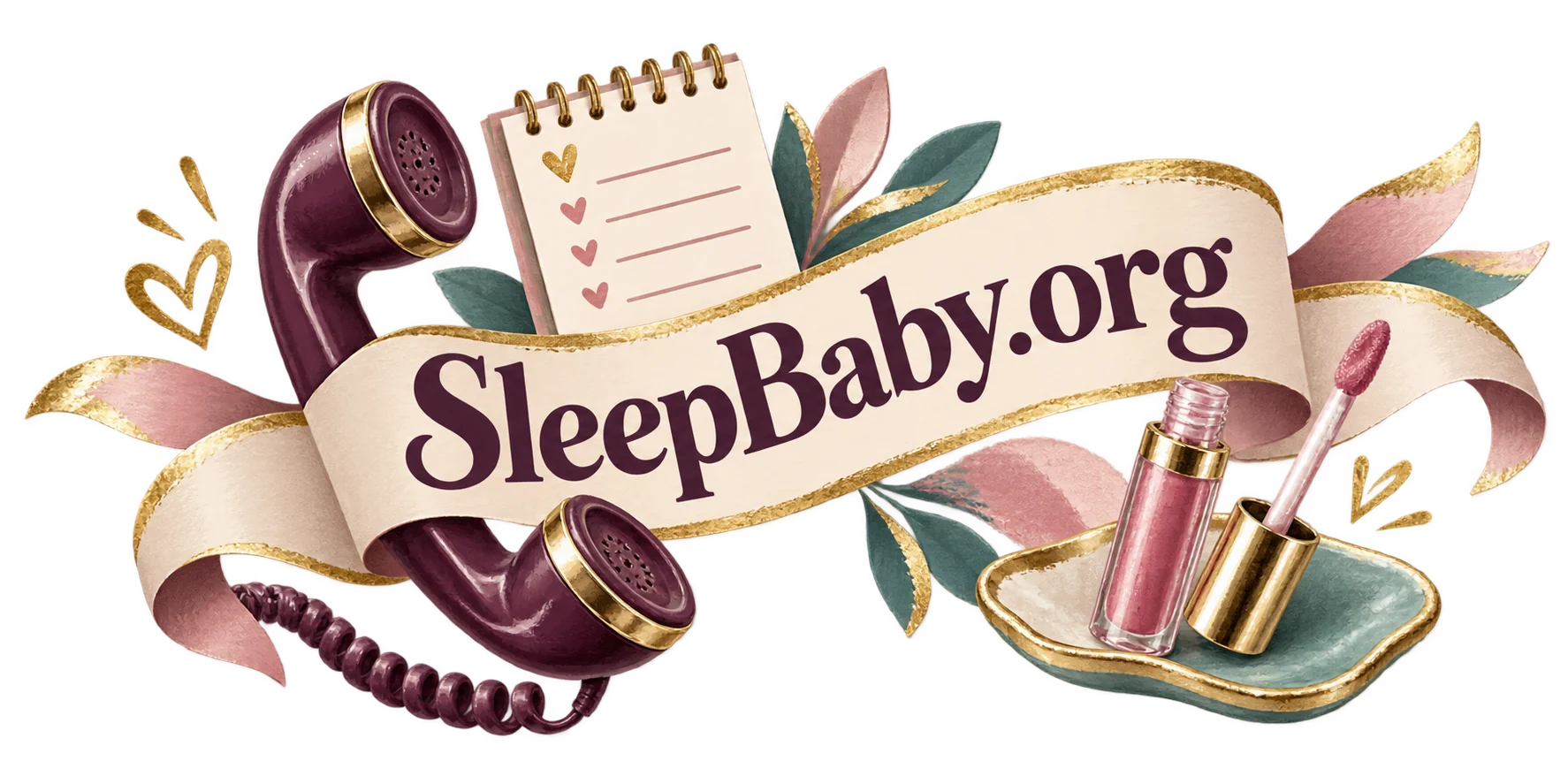Telephone care note gloss and applicator on a small tray. SleepBaby.org illustration.