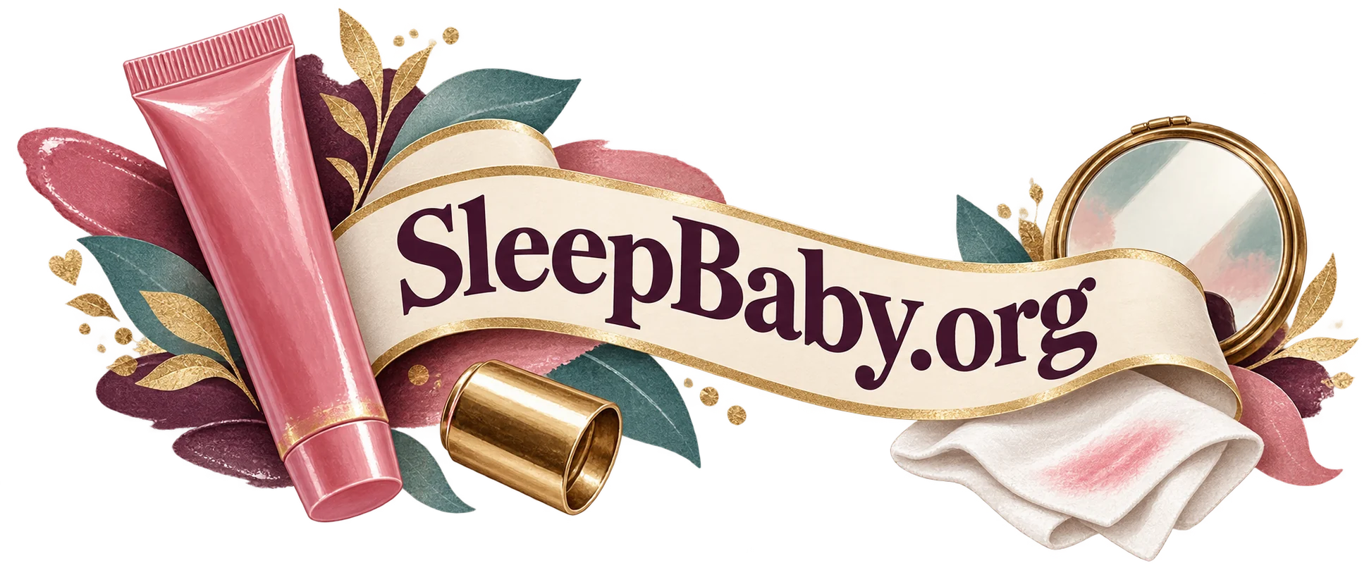 Pink cosmetic tube cap wipe and pocket mirror on an ivory ribbon. SleepBaby.org illustration.