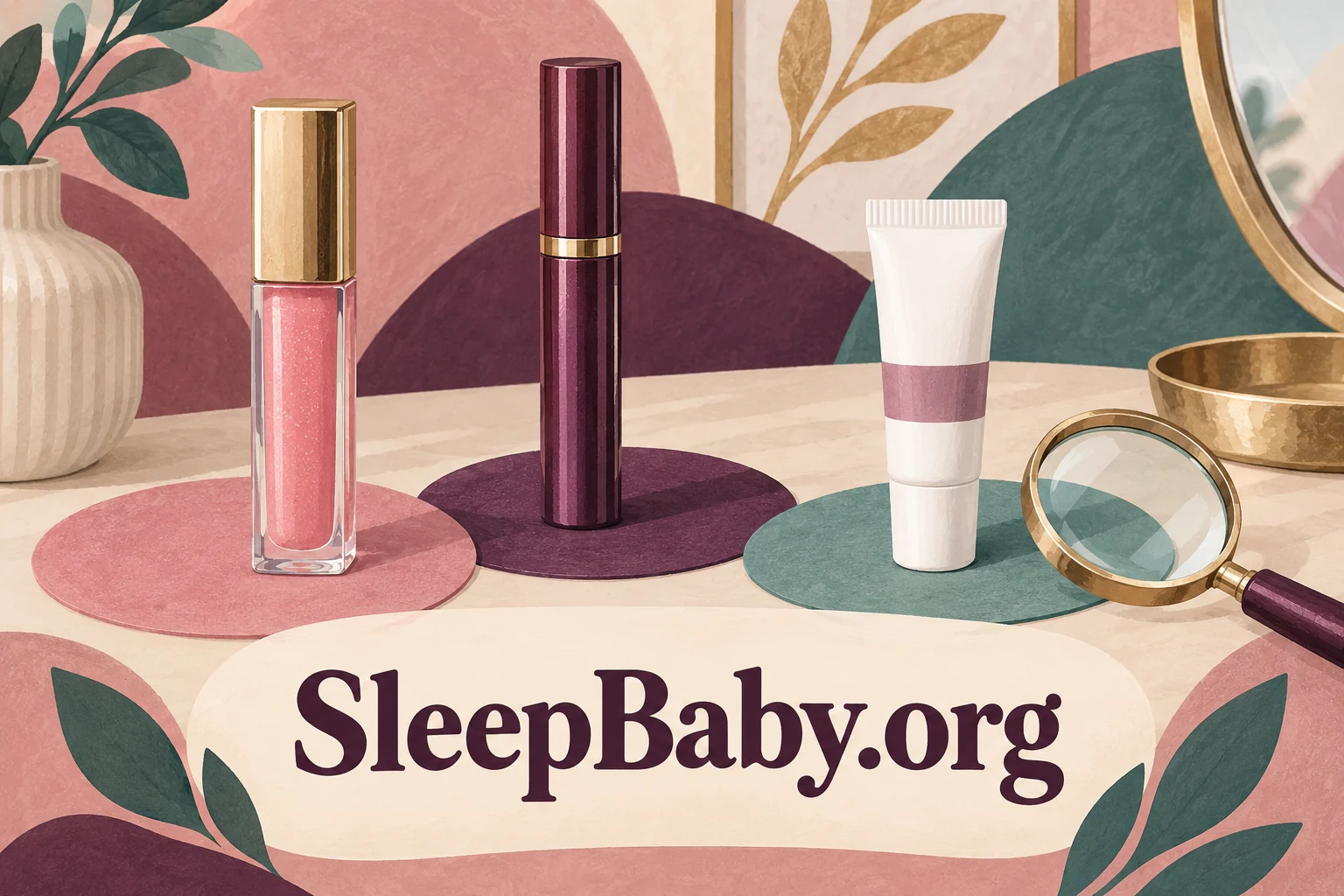 Three distinct closed cosmetic containers on colored mats. SleepBaby.org illustration.
