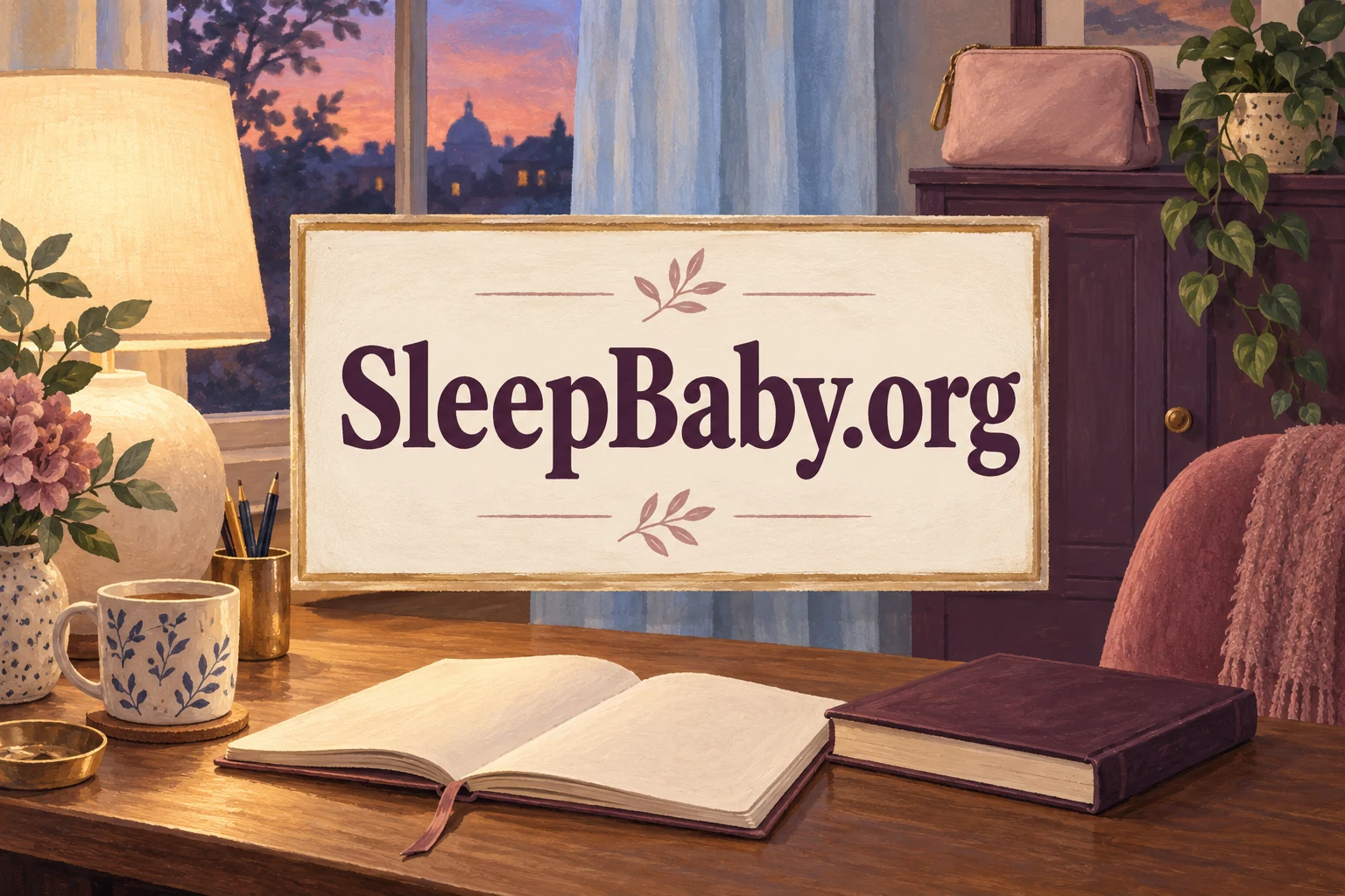 A lamp, blank notebook and unbranded closed book on a desk at dusk, with a closed pouch on a cabinet. SleepBaby.org appears in the artwork.