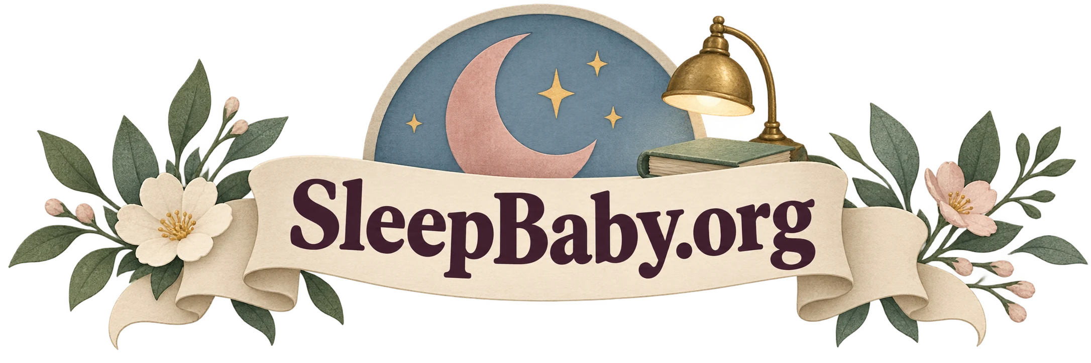 A cream ribbon with a moon, lamp, book and botanical shapes. SleepBaby.org appears in the artwork.