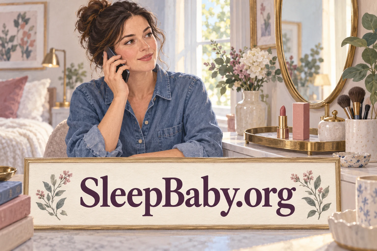 An adult on the phone at a dressing table, with a lipstick and its carton on a tray. SleepBaby.org appears in the artwork.