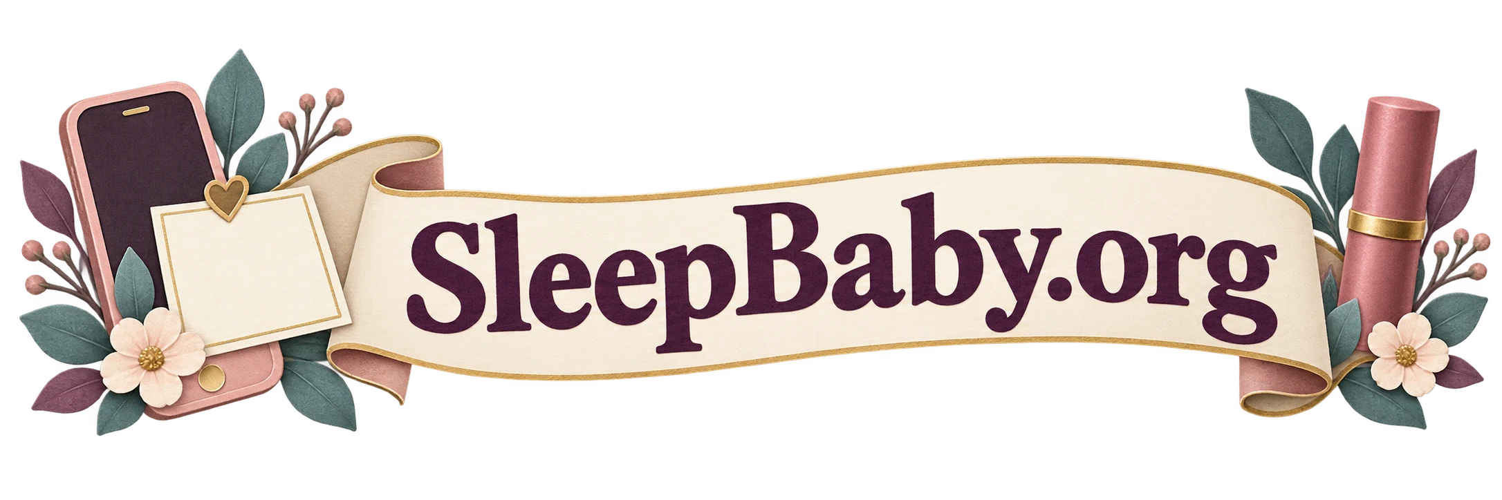 A cream paper ribbon links a phone and blank notecard with a closed lip-product tube. SleepBaby.org appears in the artwork.