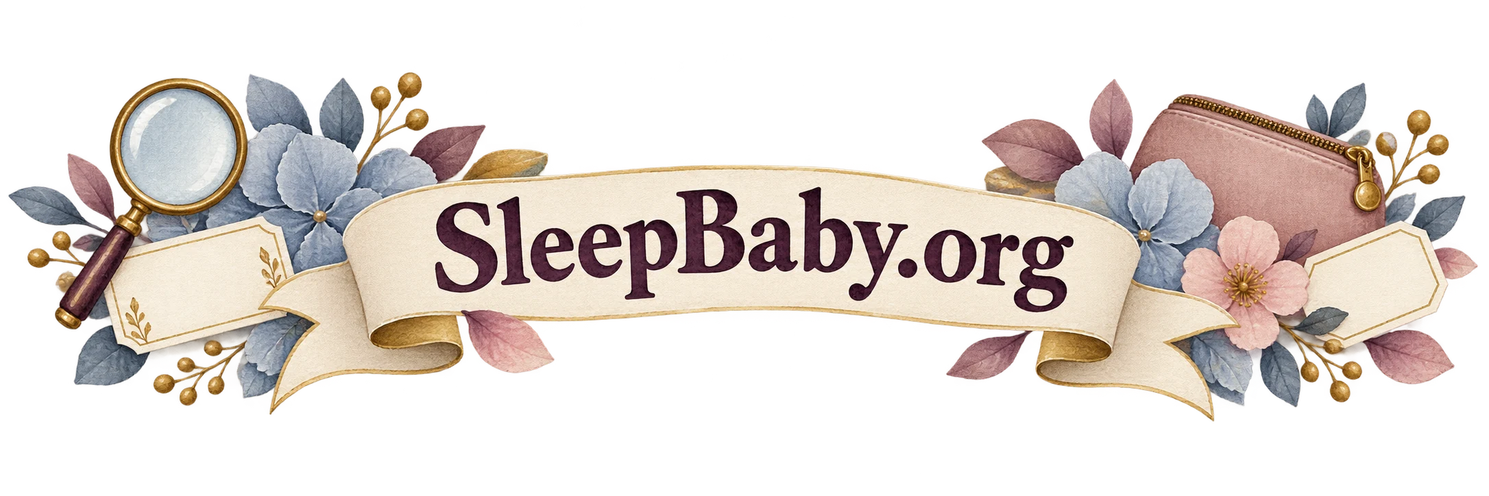 A cream ribbon connects a magnifier, blank labels and a closed cosmetics pouch. SleepBaby.org appears in the artwork.