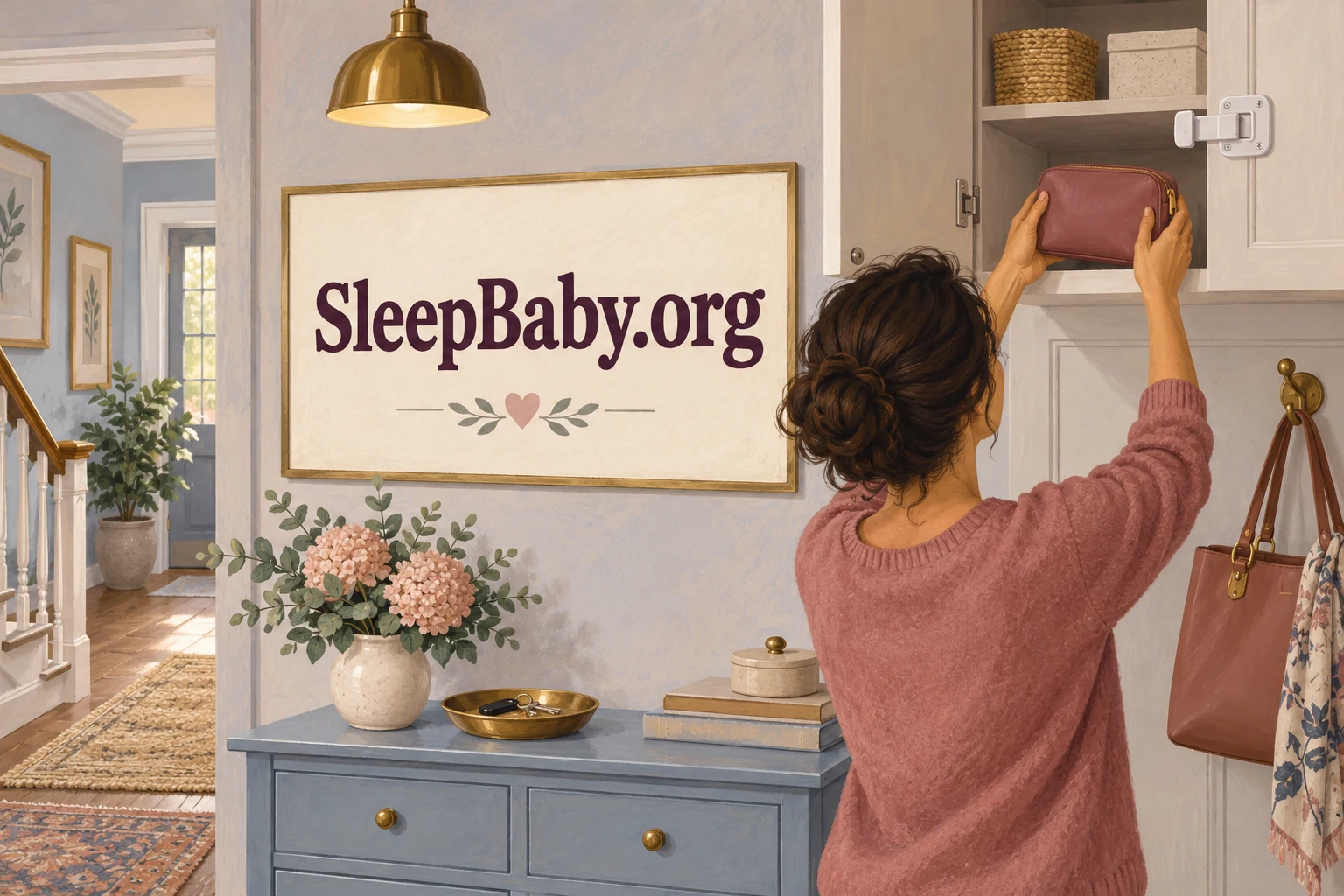 An adult places a closed cosmetics pouch in a high cabinet with a latch. SleepBaby.org appears in the artwork.