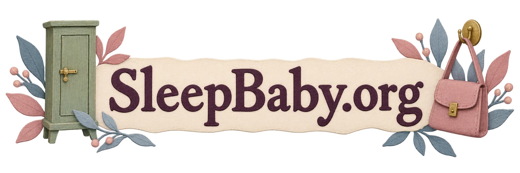 A cream ribbon connects a latched cabinet and a closed handbag. SleepBaby.org appears in the artwork.