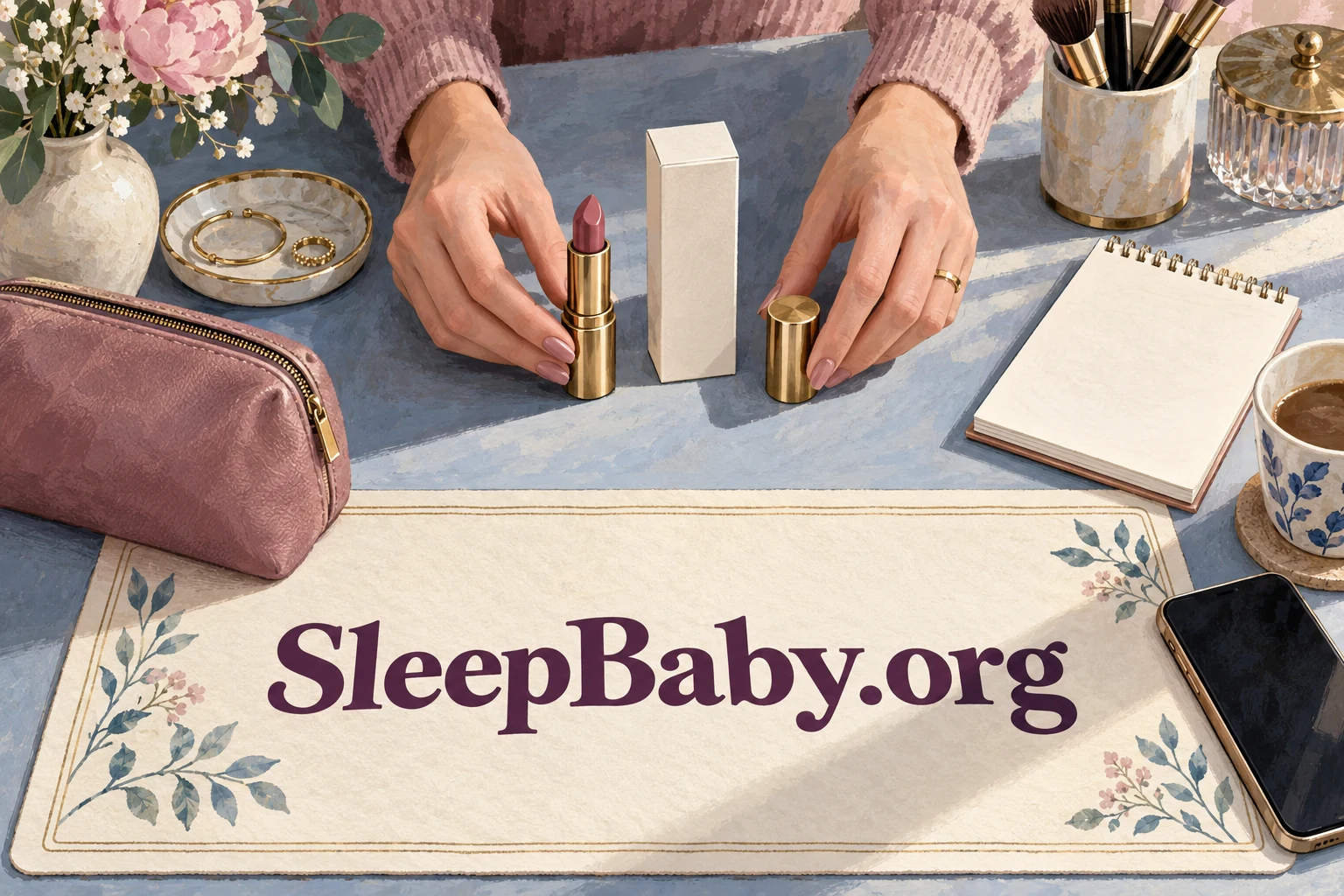 Adult hands arrange a lipstick tube, its separate cap and a carton beside a notebook and phone. SleepBaby.org appears in the artwork.