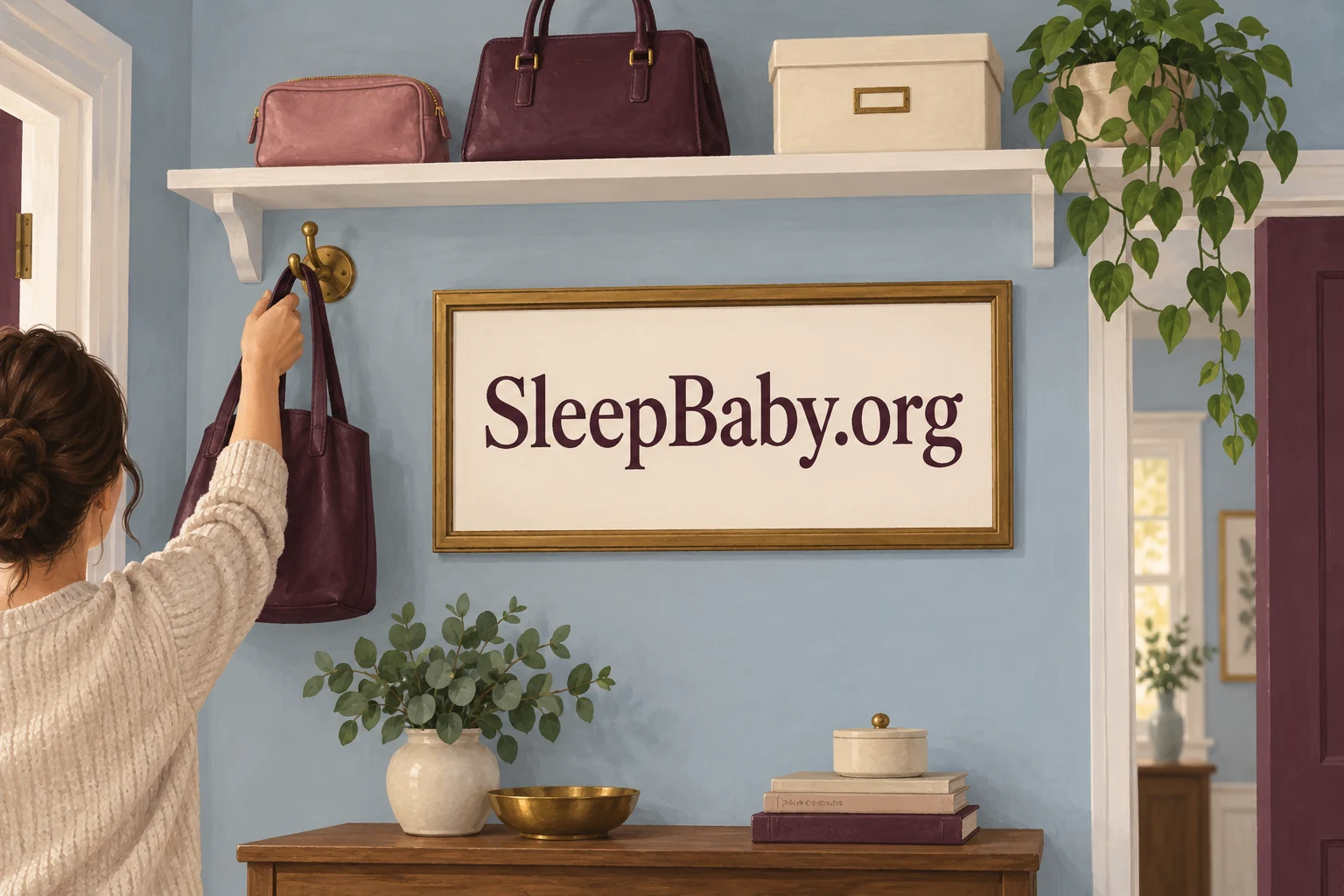 An adult hangs a handbag below a high shelf holding a closed pouch and another bag. SleepBaby.org appears in the artwork.