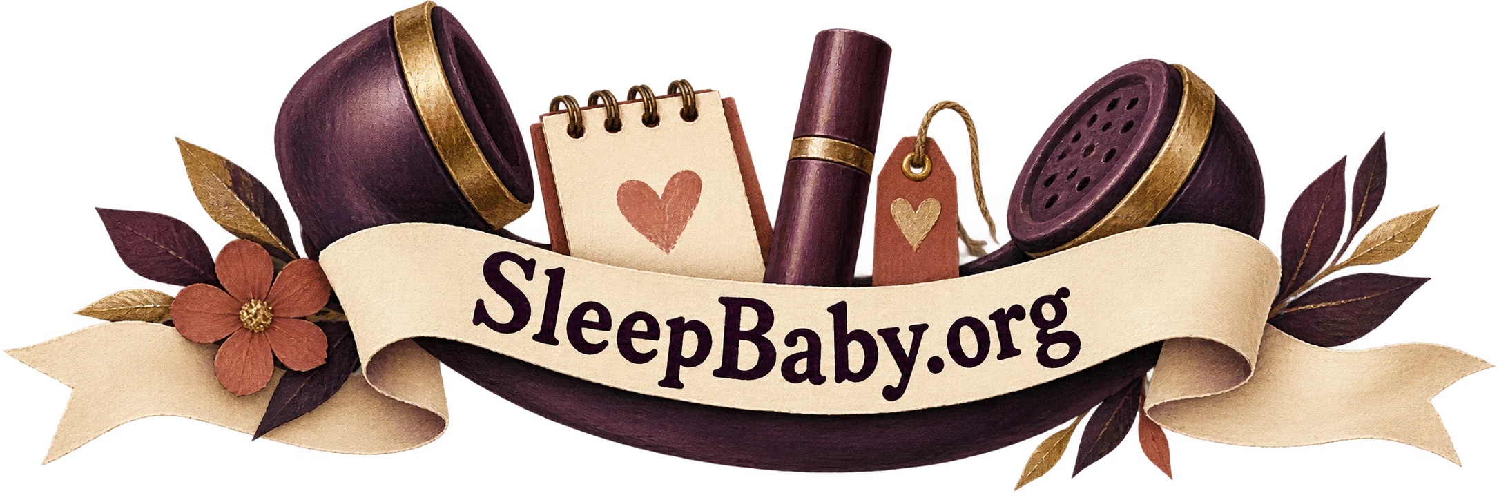 Telephone handset and notepad on a plum ribbon arrangement. SleepBaby.org illustration.