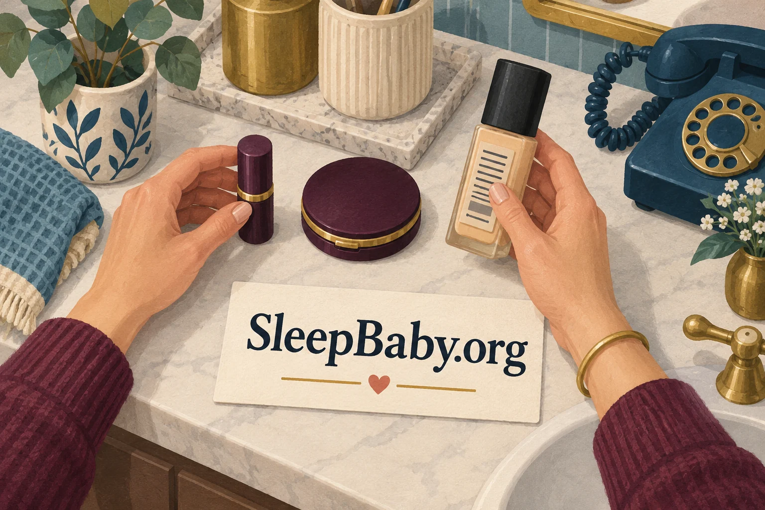 Adult hands with closed cosmetics and a phone. SleepBaby.org illustration.
