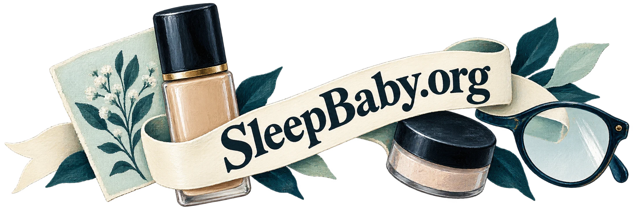 Foundation bottle powder pot and lens around a cream ribbon. SleepBaby.org illustration.