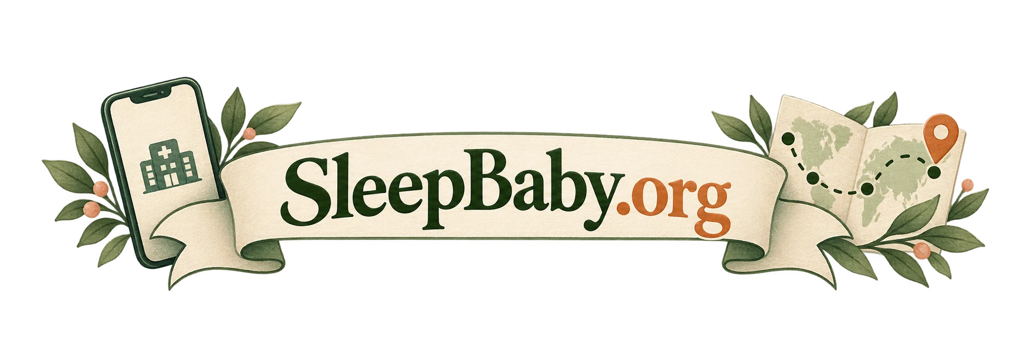 A phone with a hospital symbol and itinerary beside a ribbon reading SleepBaby.org.