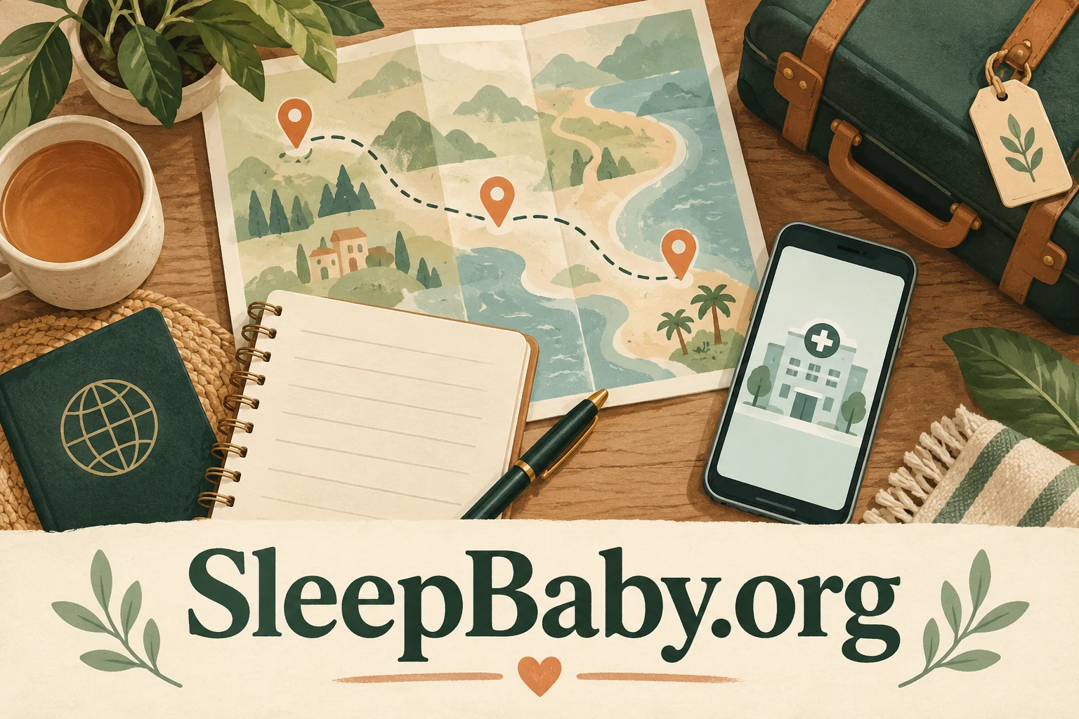 An illustrated route, notebook and phone with a hospital symbol sit on a travel desk, with SleepBaby.org lettering.