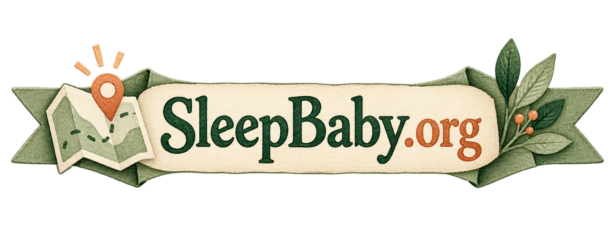 A folded map and location pin beside a ribbon reading SleepBaby.org.