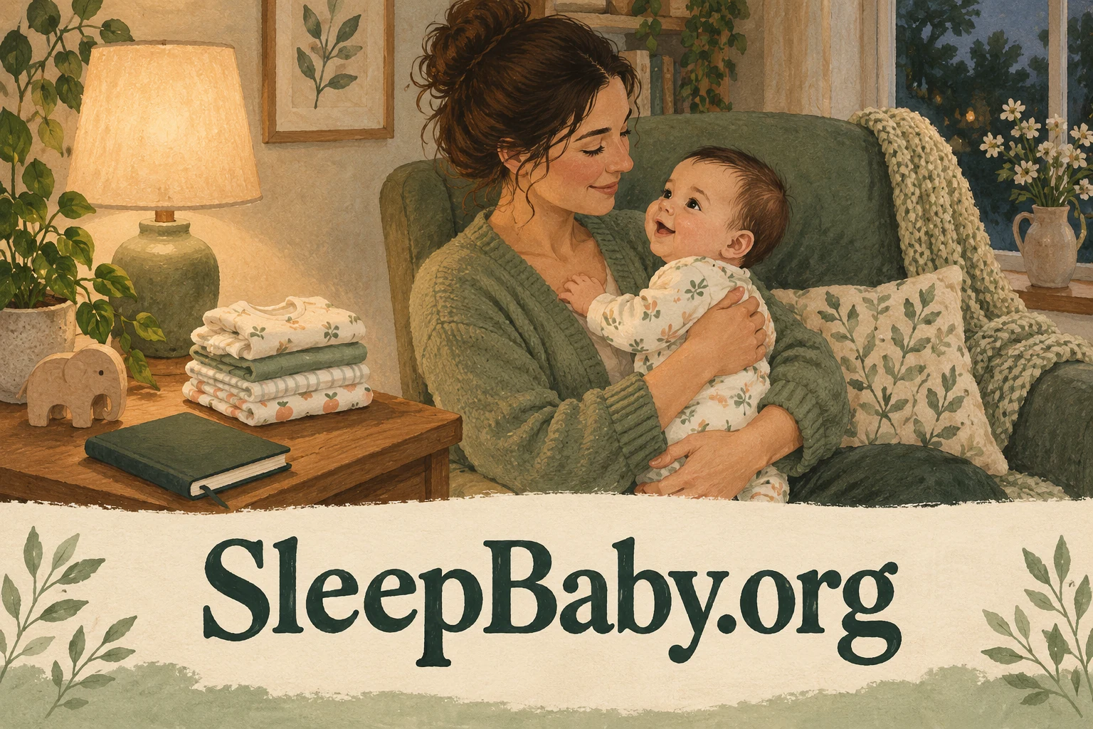 A parent holds an awake baby beside folded clothes and a closed notebook, with SleepBaby.org lettering.