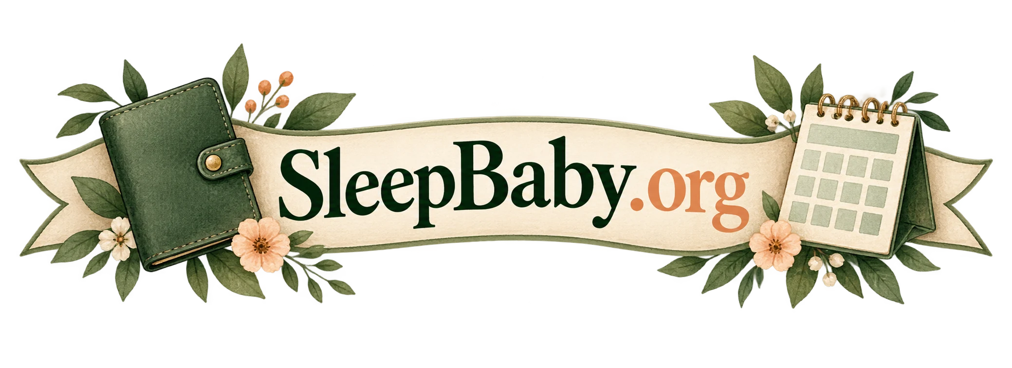 A travel wallet and calendar beside a ribbon reading SleepBaby.org.