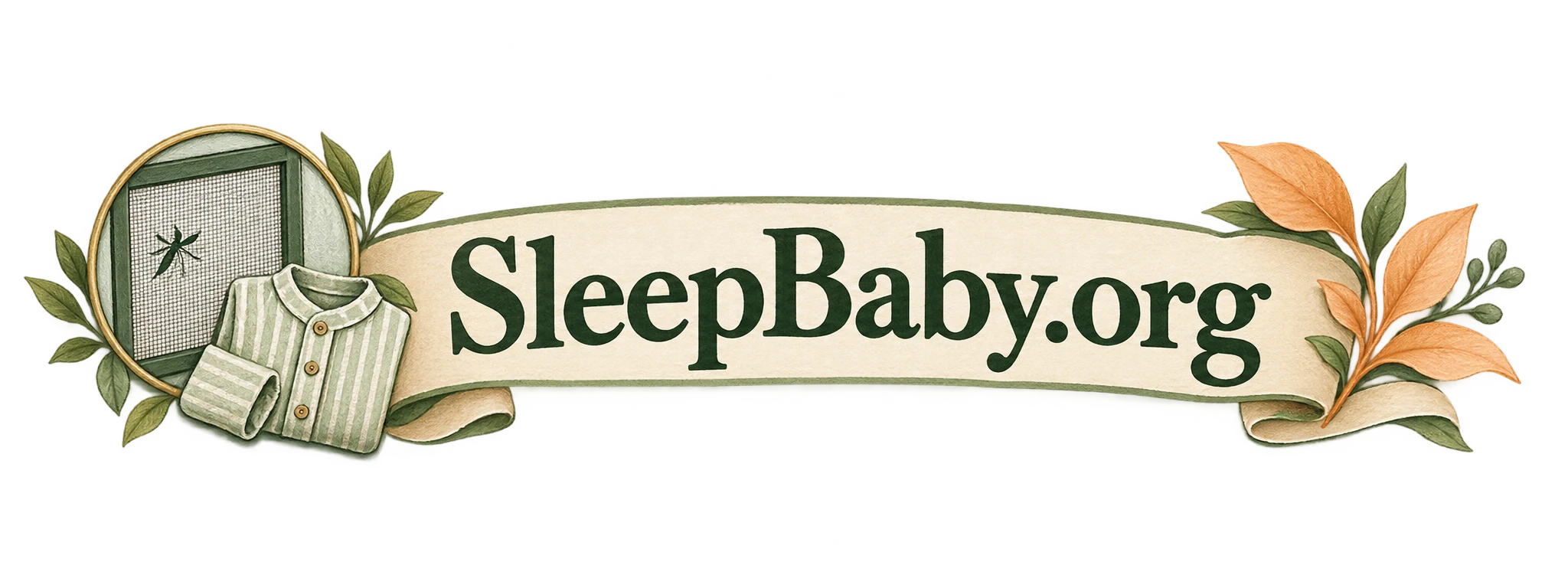 A window screen and folded shirt beside a ribbon reading SleepBaby.org.