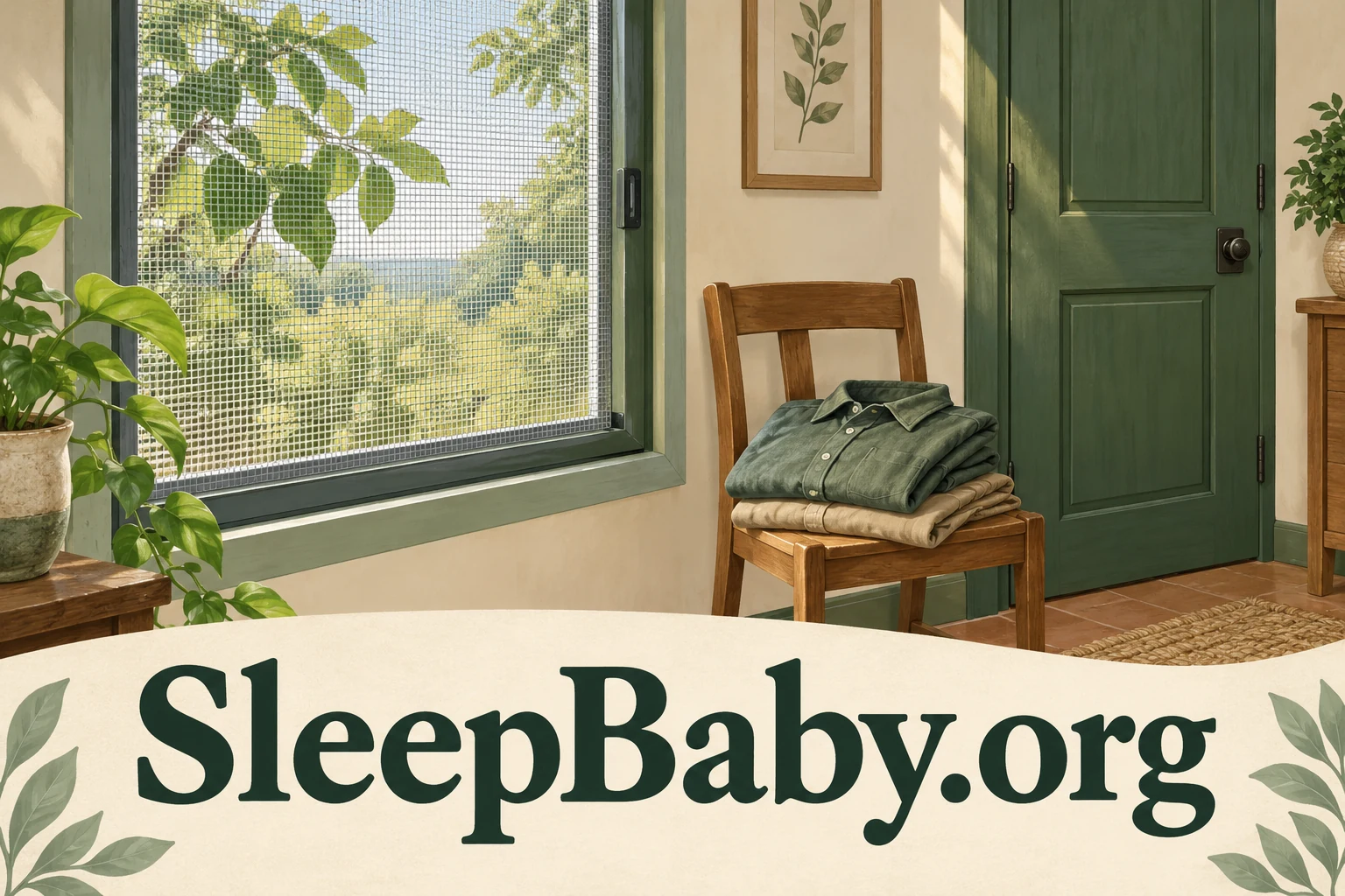 A framed window screen, closed door and folded clothing in an illustrated room, with SleepBaby.org lettering.