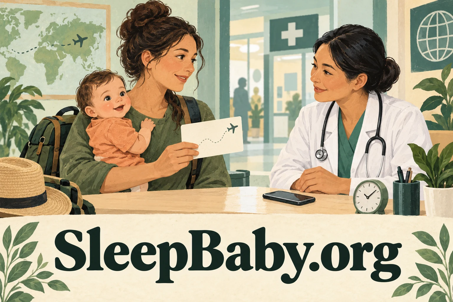 A caregiver holds an awake baby while showing a travel card to a clinician, with SleepBaby.org lettering.