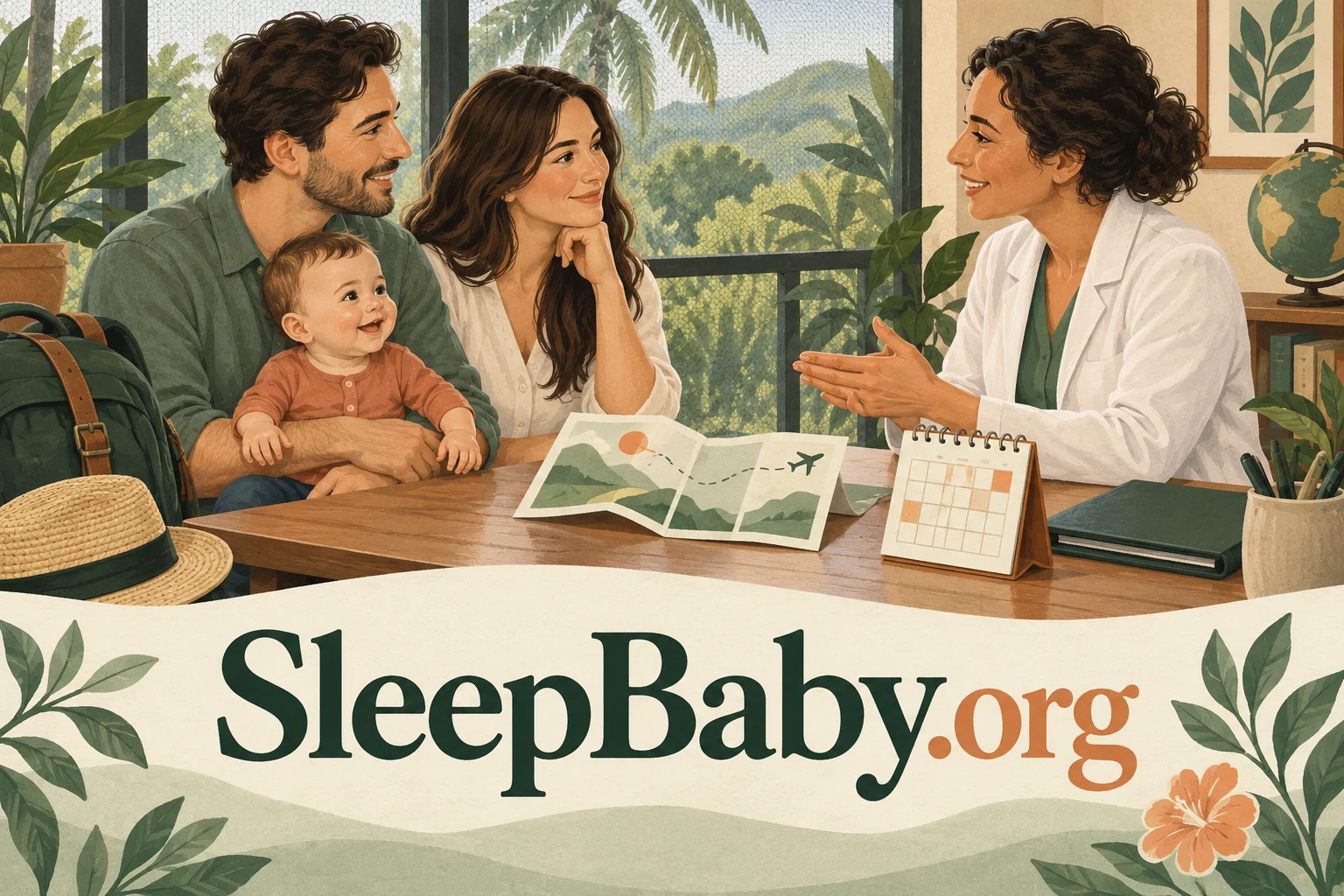 Parents holding an awake baby discuss an itinerary with a clinician, with SleepBaby.org lettering.