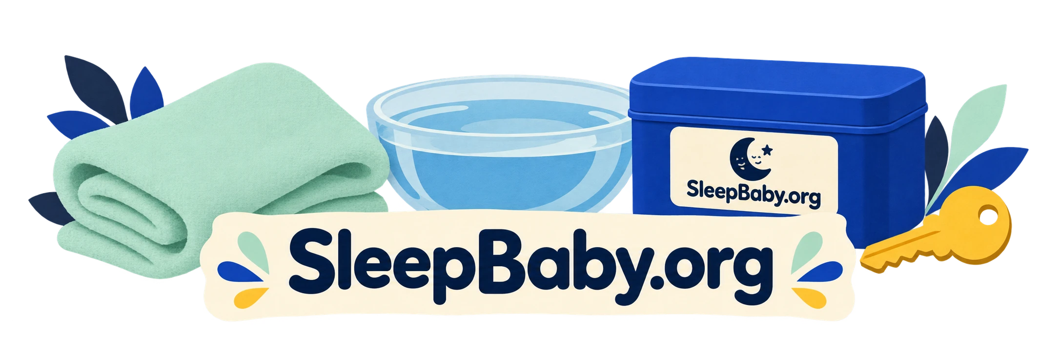 Transparent washcloth, water bowl, closed tin, and cabinet key with SleepBaby.org lettering.