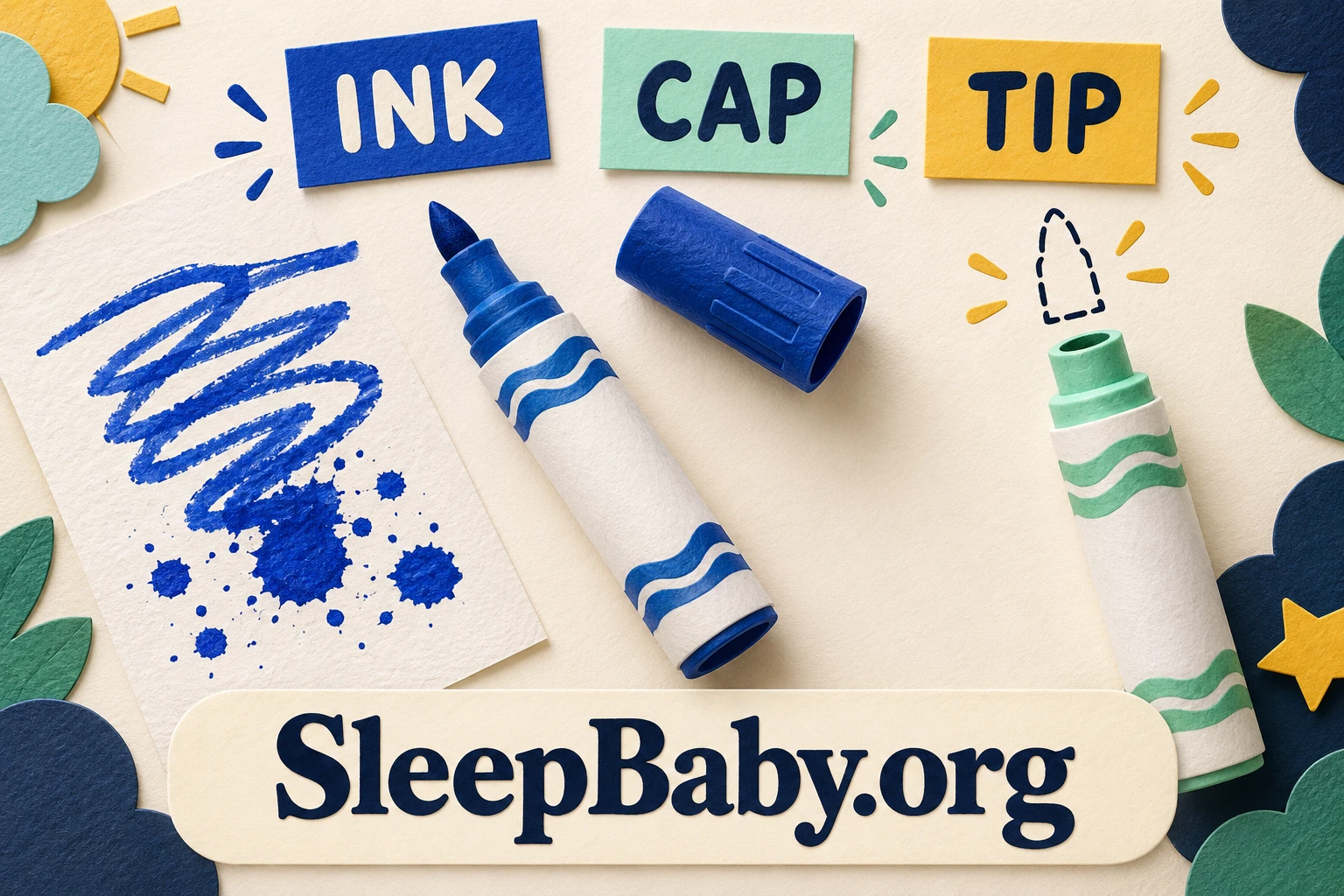 Ink scribble, intact blue marker, separate cap, and a marker with an outlined missing tip.