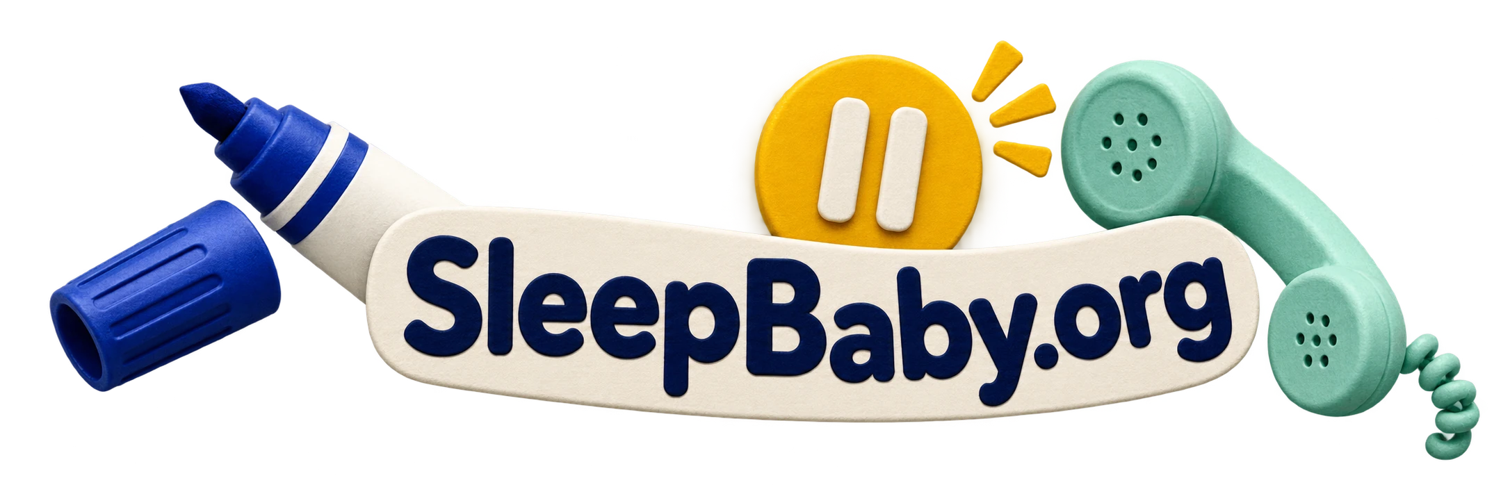 Transparent marker, cap, pause token, and phone handset with a large SleepBaby.org label.