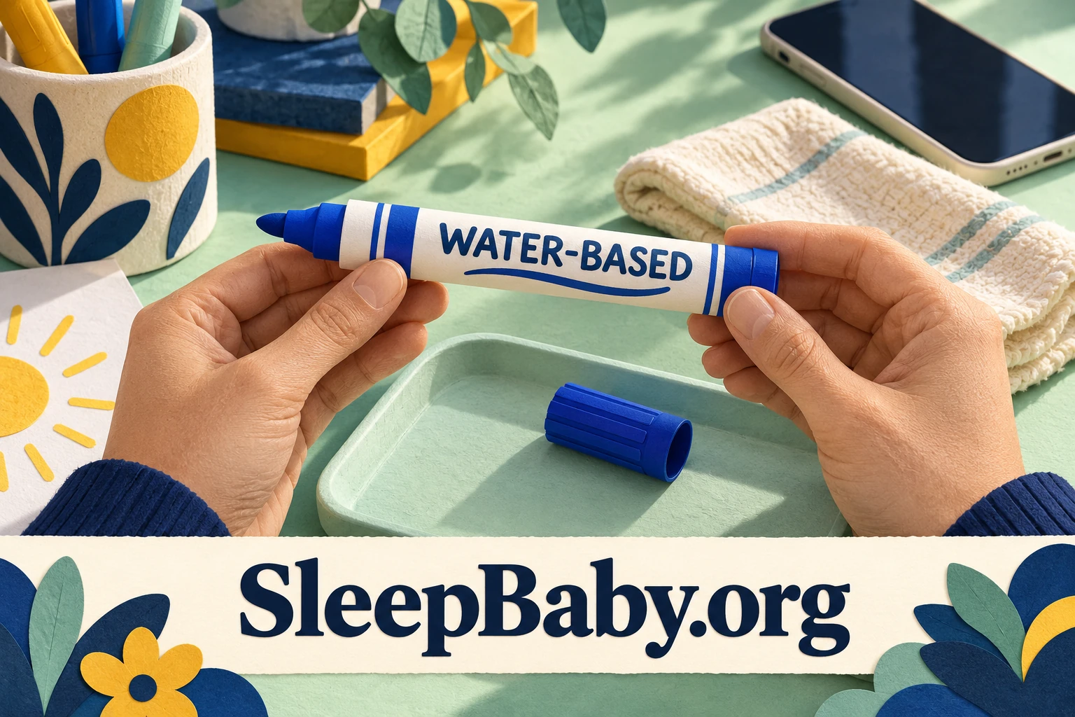 Adult hands hold a generic marker labeled water-based beside its cap, a damp cloth, and phone.