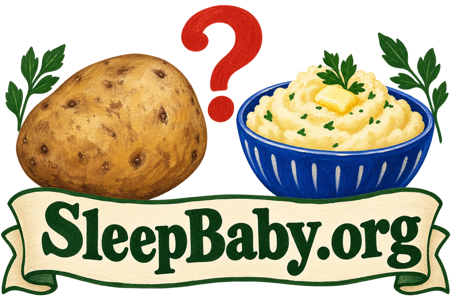 Whole potato, bowl of mash and question mark introduce a serving decision.