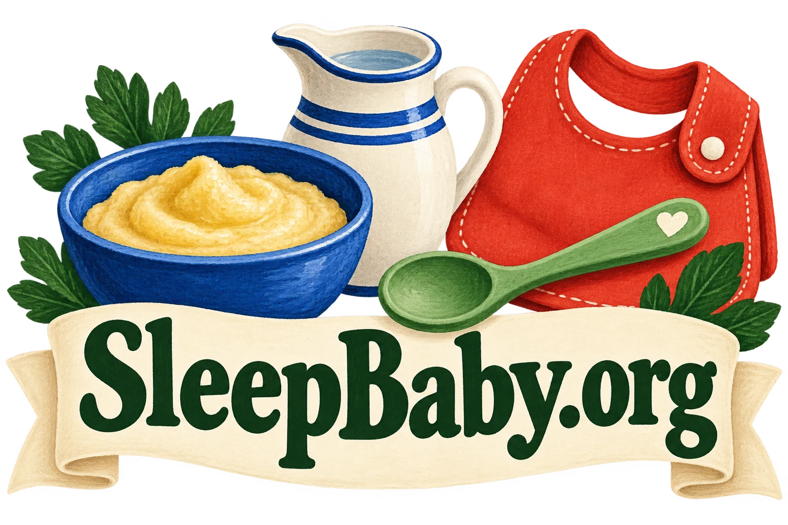 Bowl, soft spoon, water jug and bib introduce a prepared serving.