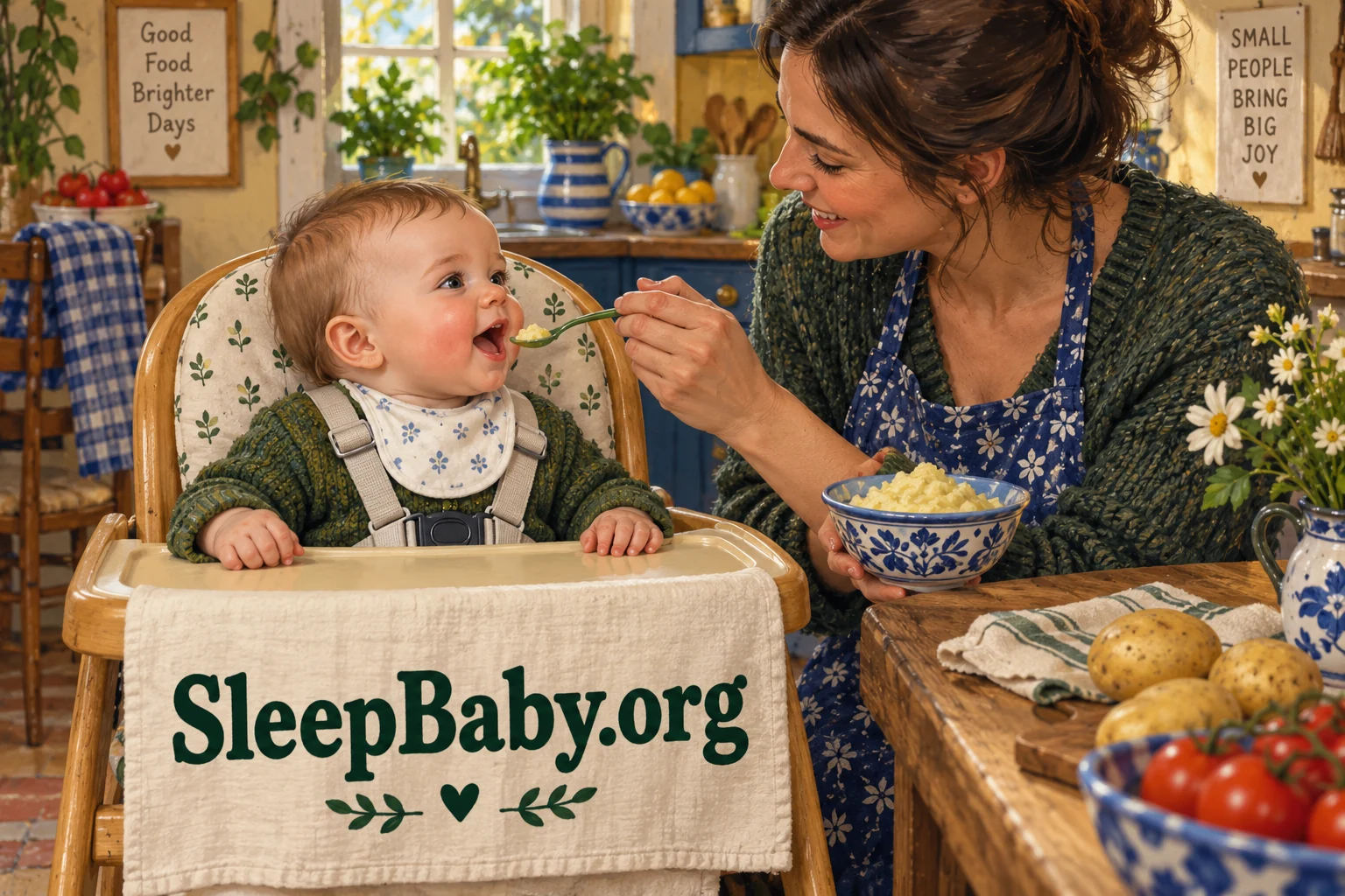 Caregiver offers a small spoonful to an alert upright baby secured in a high chair.